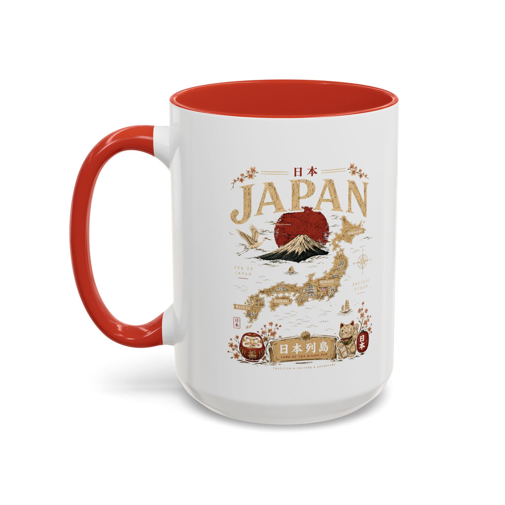 Japan Travel Map Coffee Mug — Mount Fuji Red Sun Accent Mug (11/15 oz)