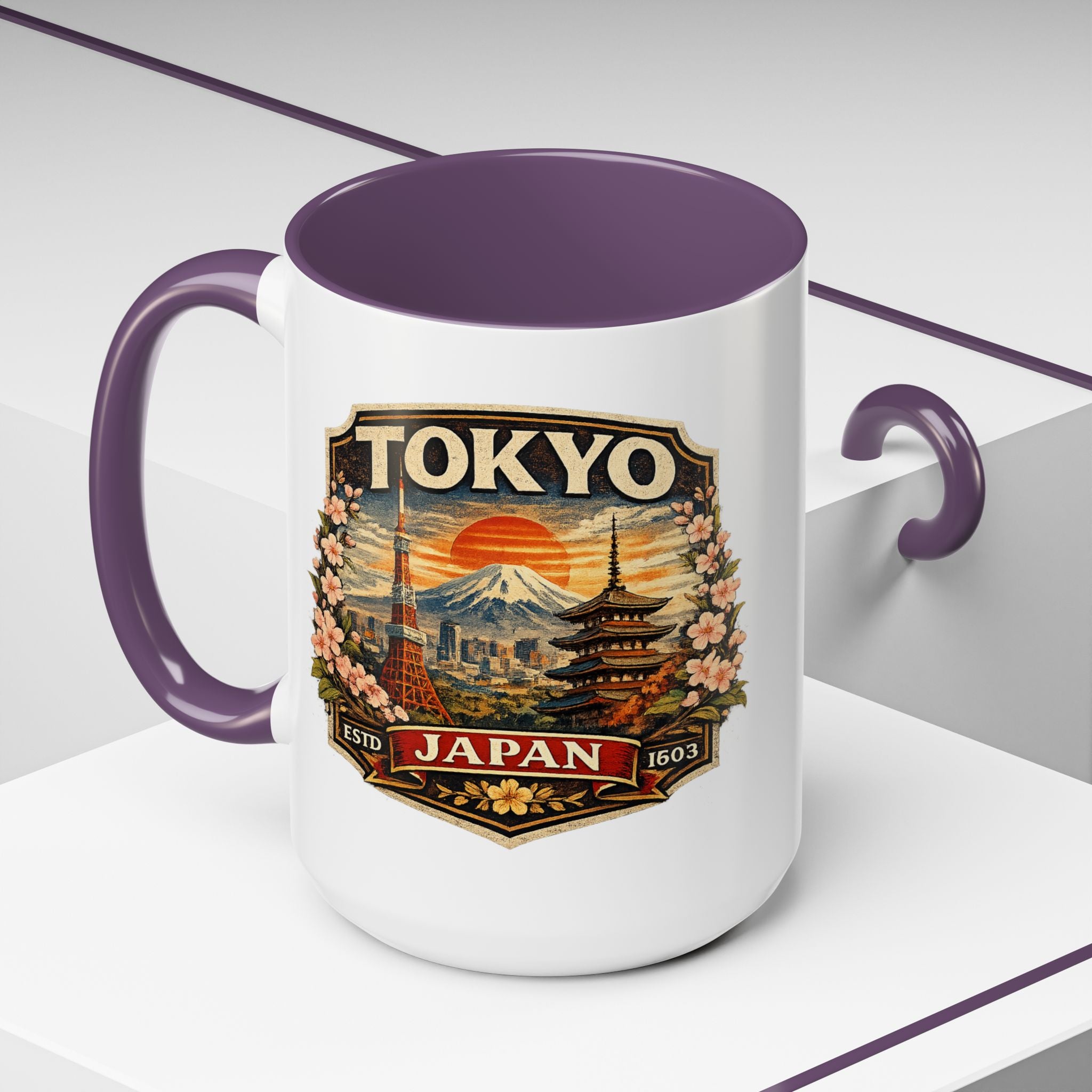Tokyo Japan Accent Coffee Mug – Vintage Mount Fuji & Sakura Travel Souvenir (11/15oz)