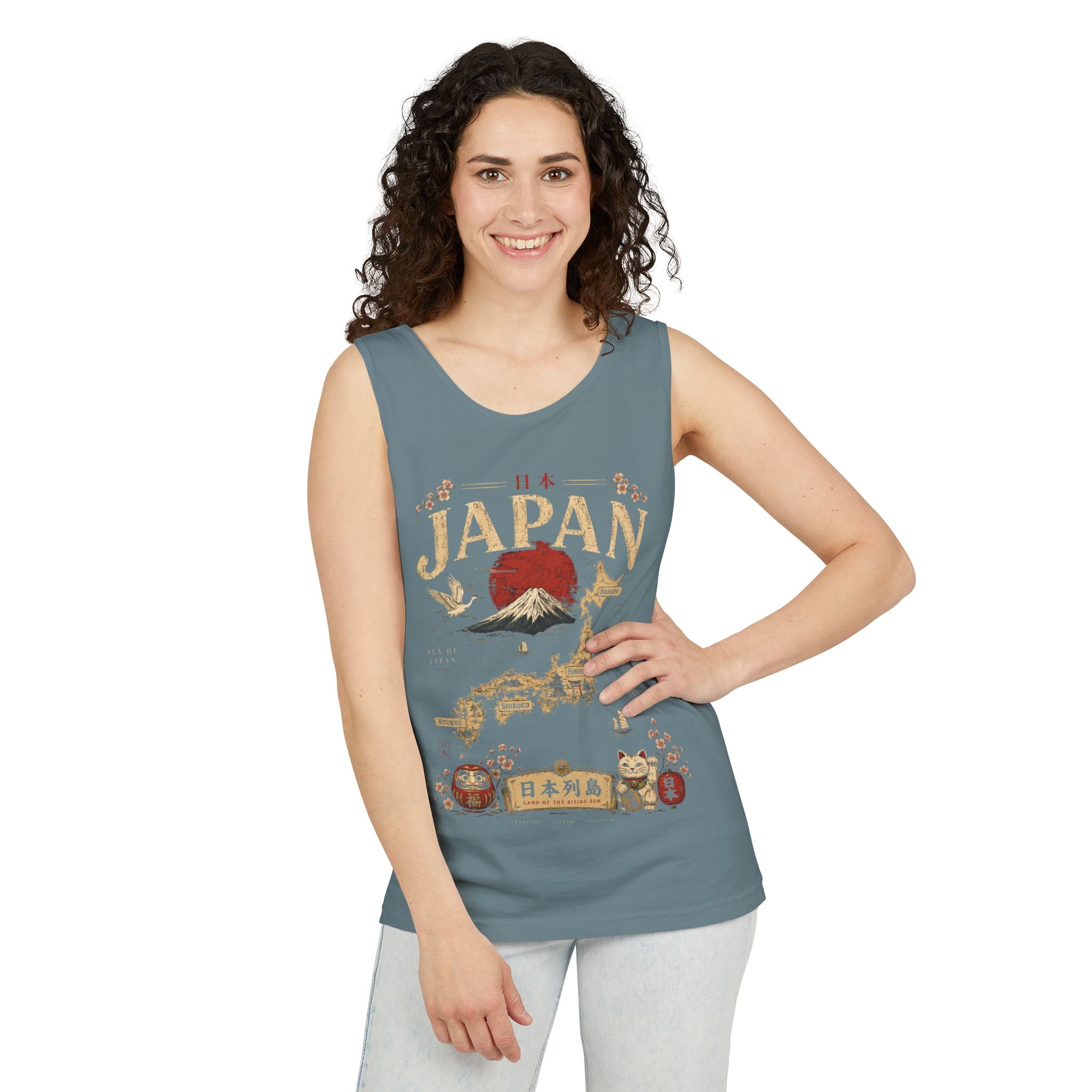 Japan Vintage Travel Tank Top — Mount Fuji & Lucky Cat Graphic
