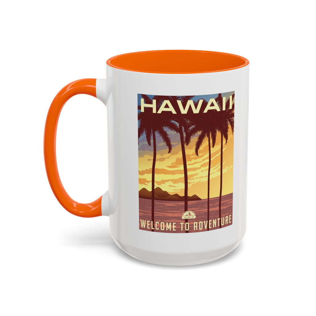 Hawaii Sunset Coffee Mug — "Welcome to Adventure" Tropical Travel Accent Mug