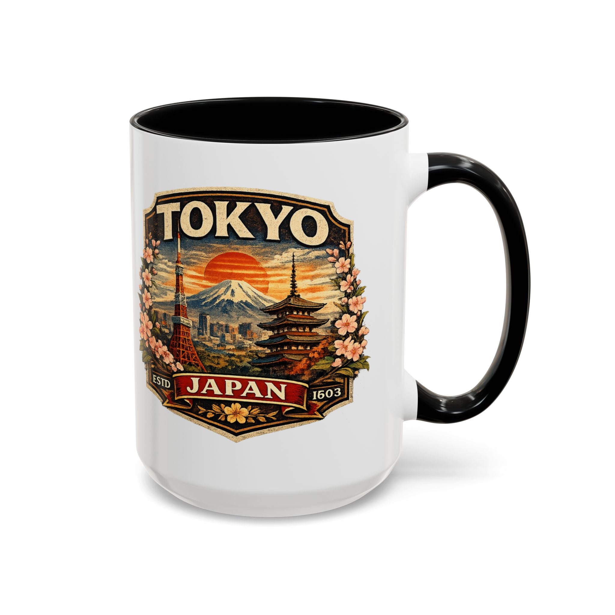 Tokyo Japan Accent Coffee Mug – Vintage Mount Fuji & Sakura Travel Souvenir (11/15oz)