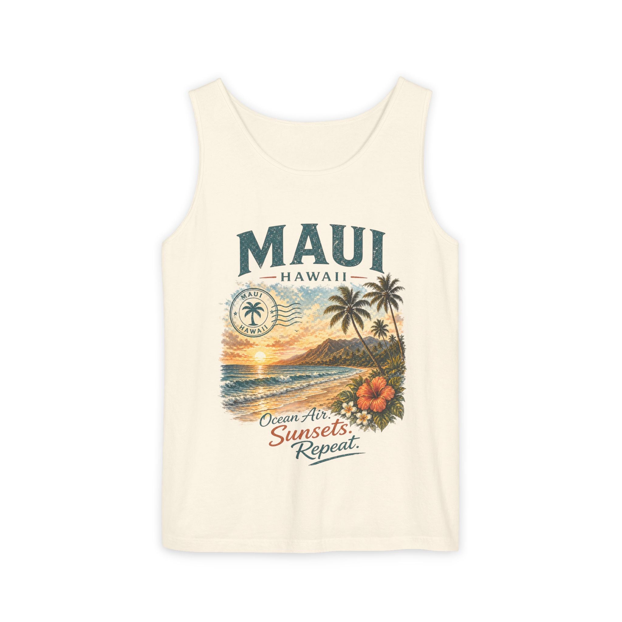 Maui Hawaii Tank Top — Ocean Air Sunsets Repeat Beach Graphic