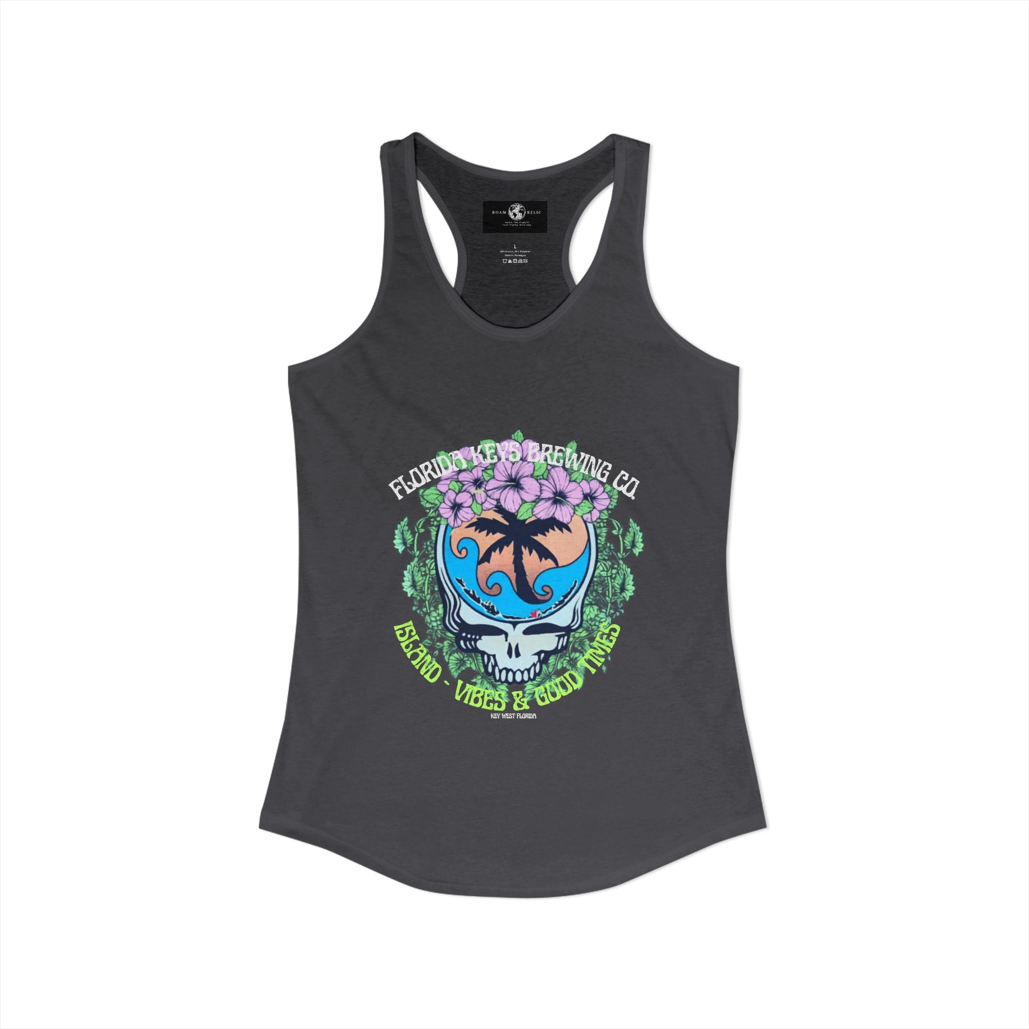 Island Vibes & Good Times Racerback Tank — Tropical Skull Graphic
