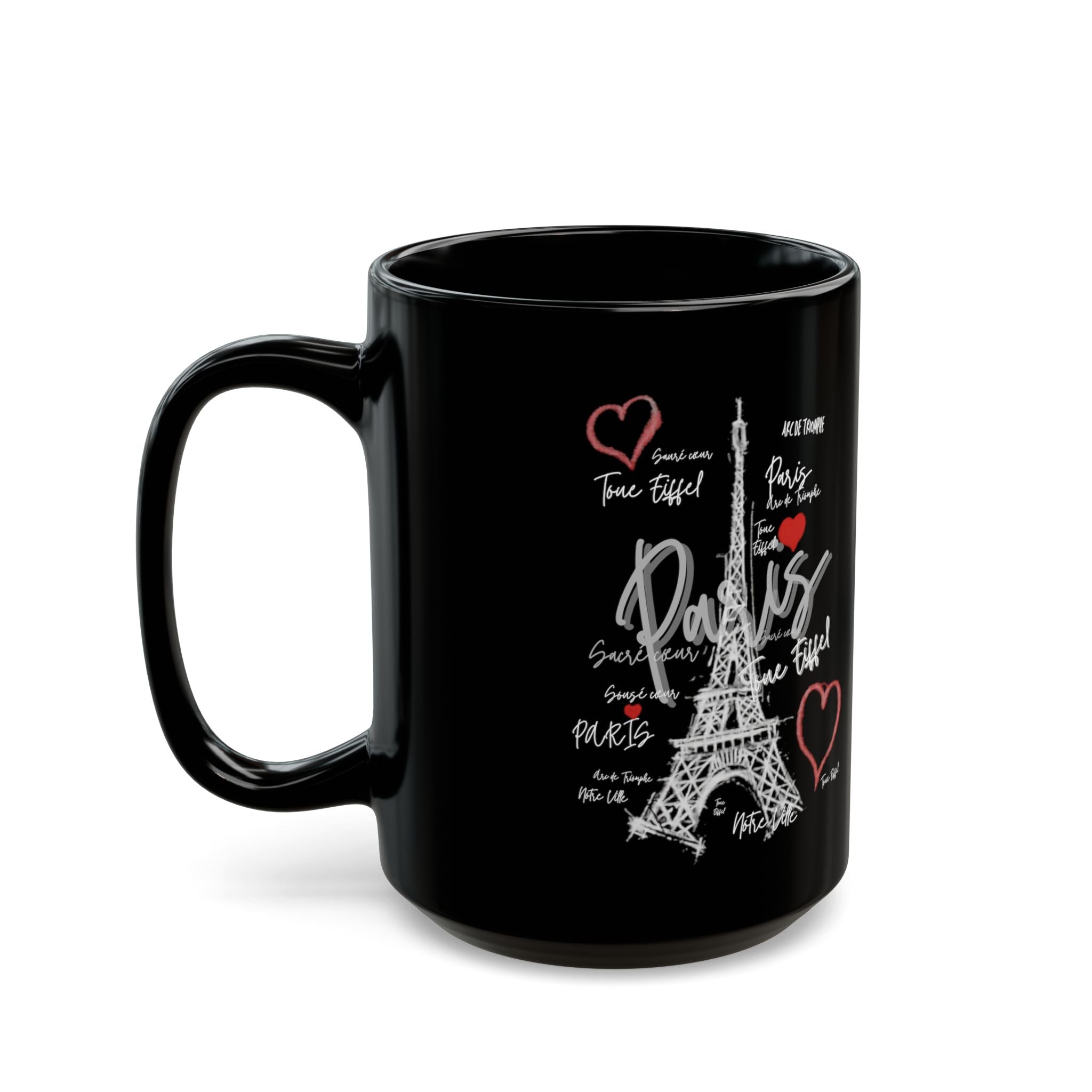 Paris Eiffel Tower Heart Black Mug — Romantic France Coffee Cup (11oz/15oz)