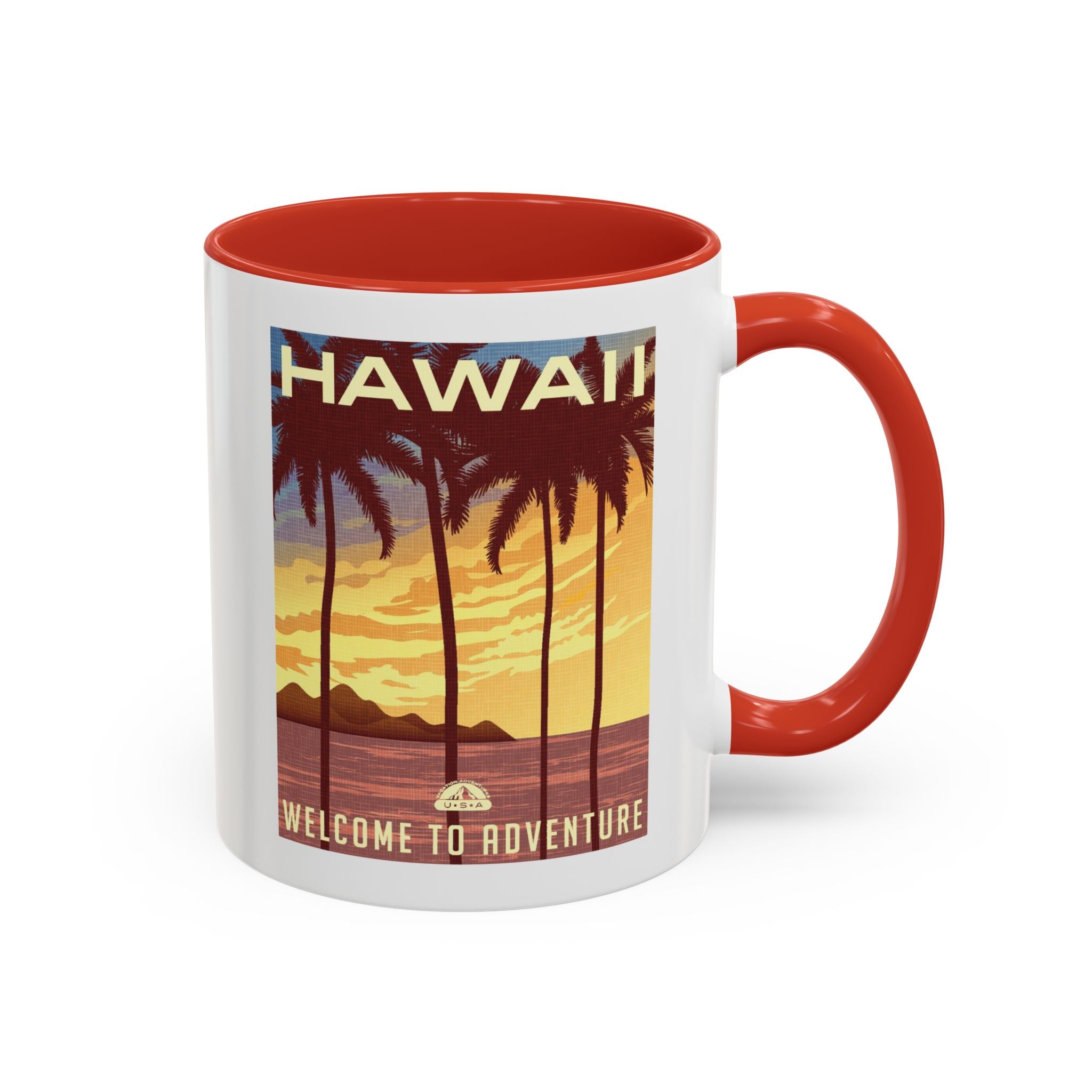 Hawaii Sunset Coffee Mug — "Welcome to Adventure" Tropical Travel Accent Mug