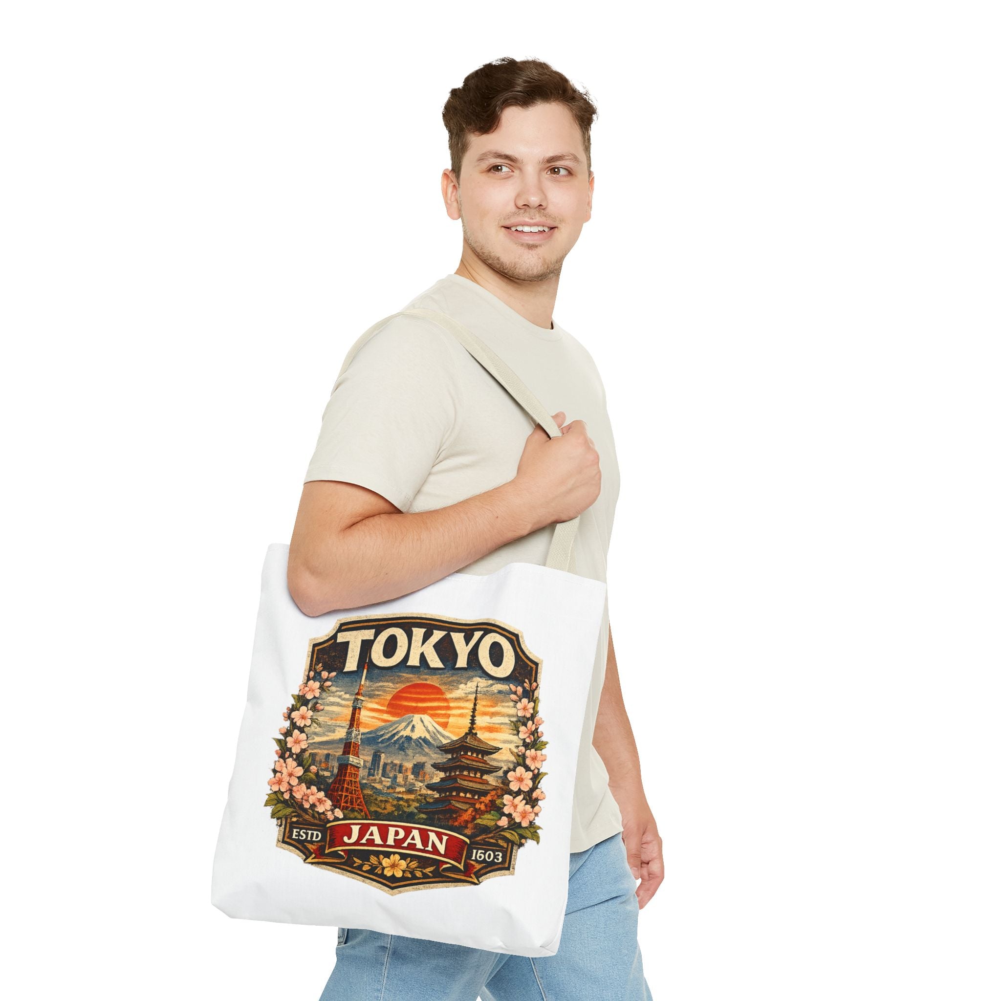 Tokyo Japan Scenic Tote Bag – Vintage Mount Fuji & Cherry Blossom Travel Tote