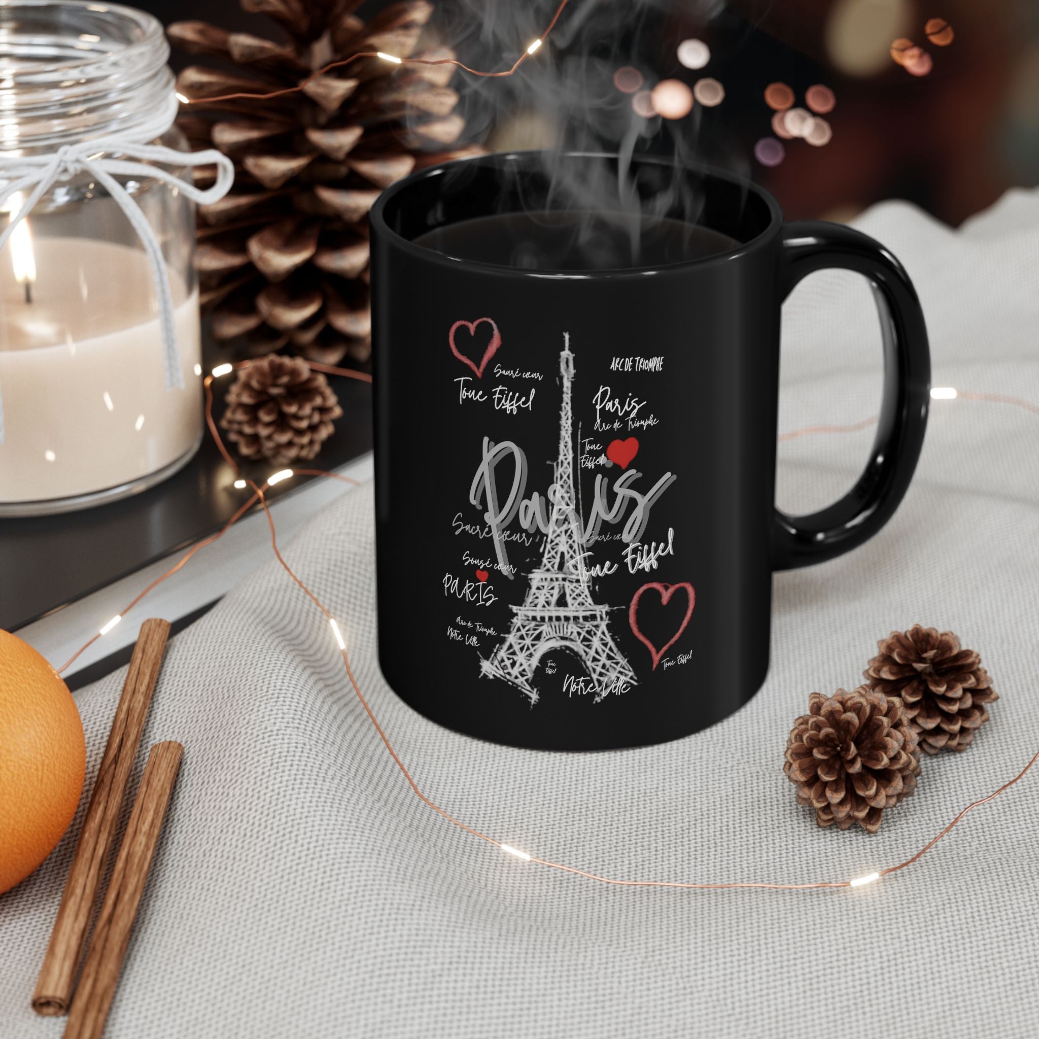 Paris Eiffel Tower Heart Black Mug — Romantic France Coffee Cup (11oz/15oz)