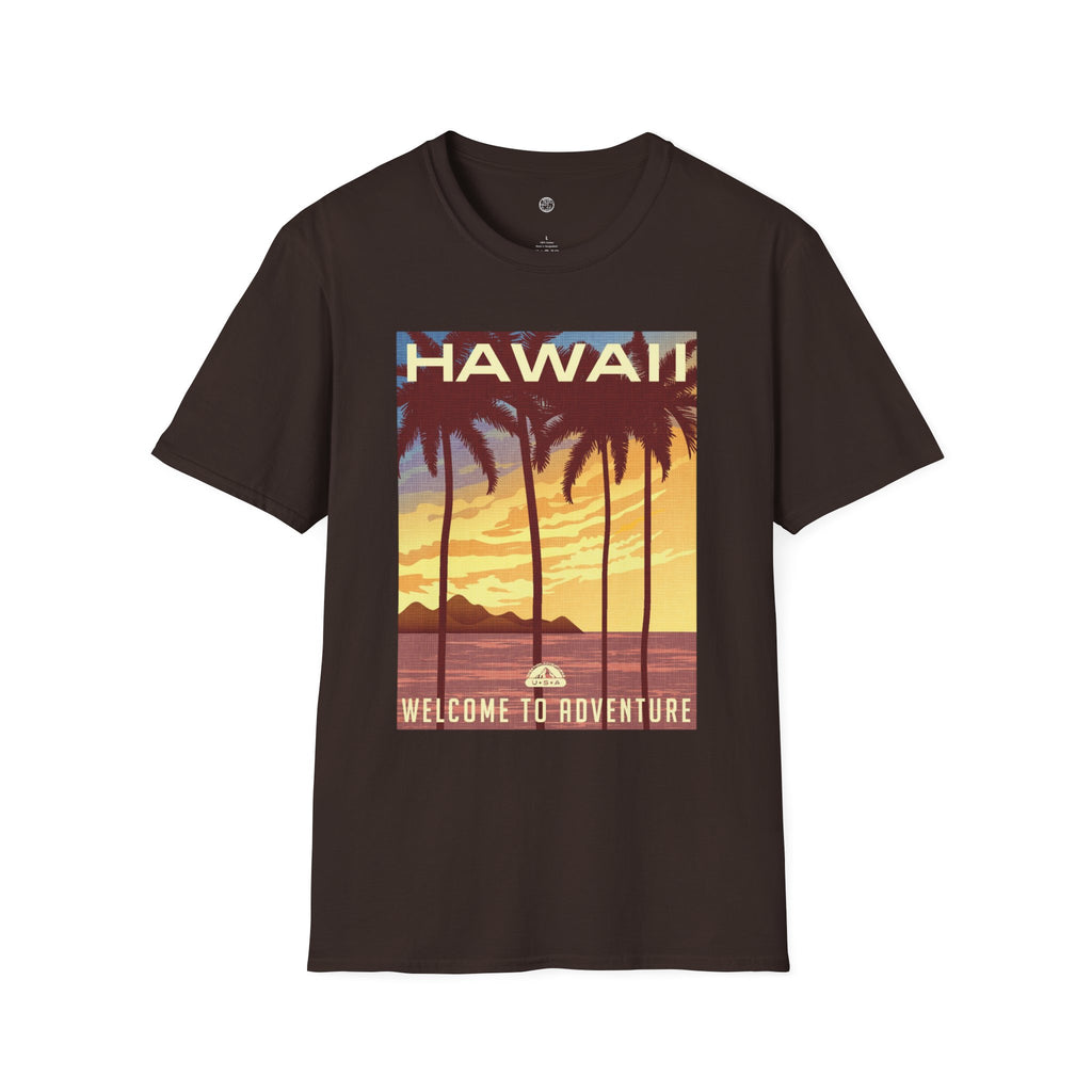 Hawaii Sunset T-Shirt — "Welcome to Adventure" Vintage Palm Beach Tee