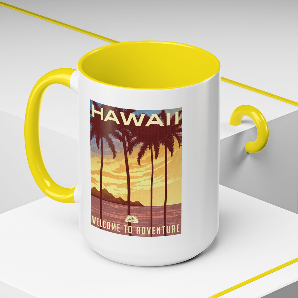 Hawaii Sunset Coffee Mug — "Welcome to Adventure" Tropical Travel Accent Mug