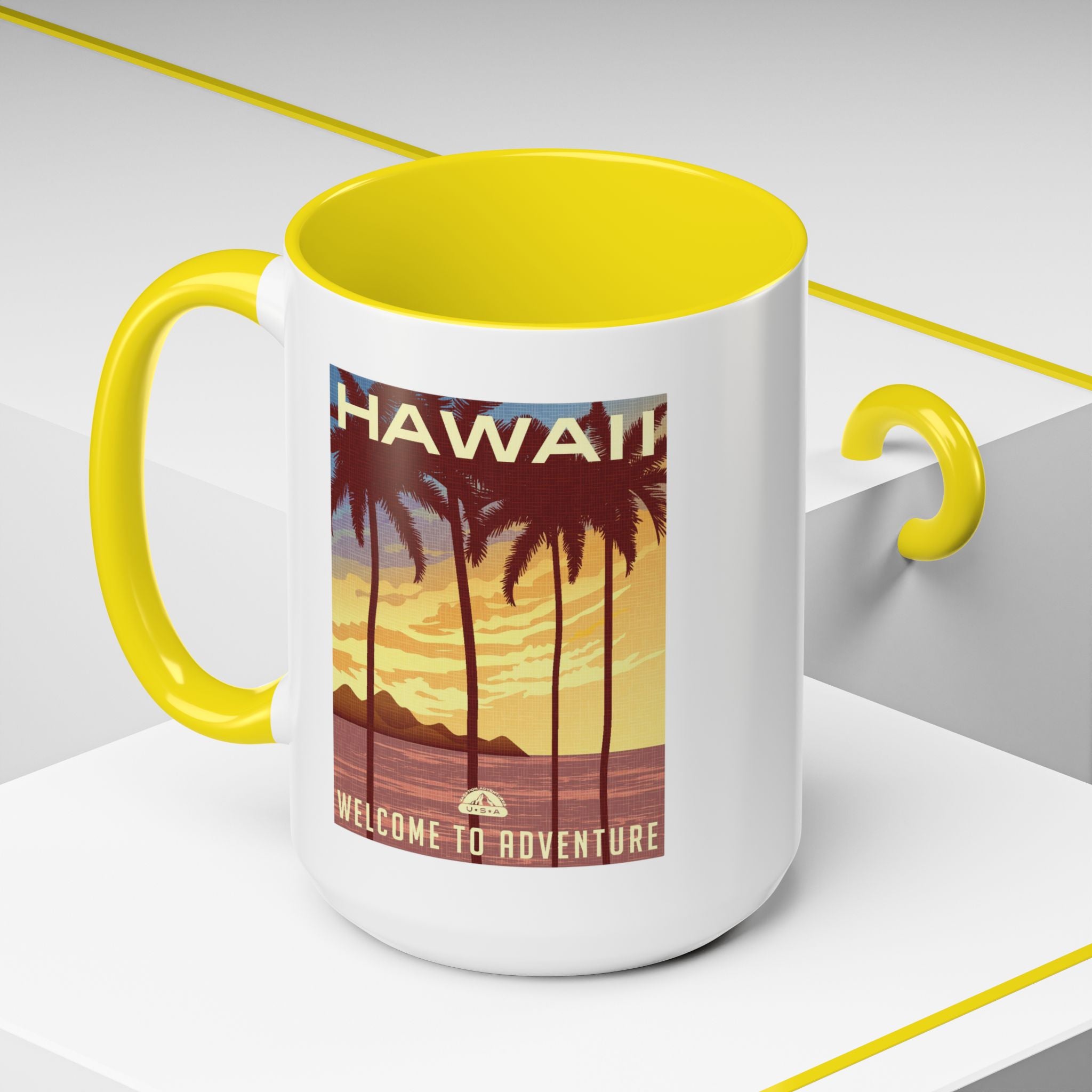 Hawaii Sunset Coffee Mug — "Welcome to Adventure" Tropical Travel Accent Mug