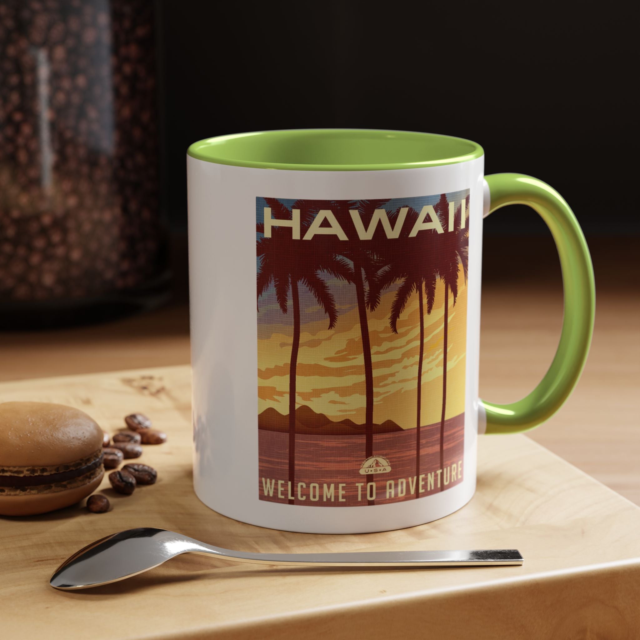 Hawaii Sunset Coffee Mug — "Welcome to Adventure" Tropical Travel Accent Mug