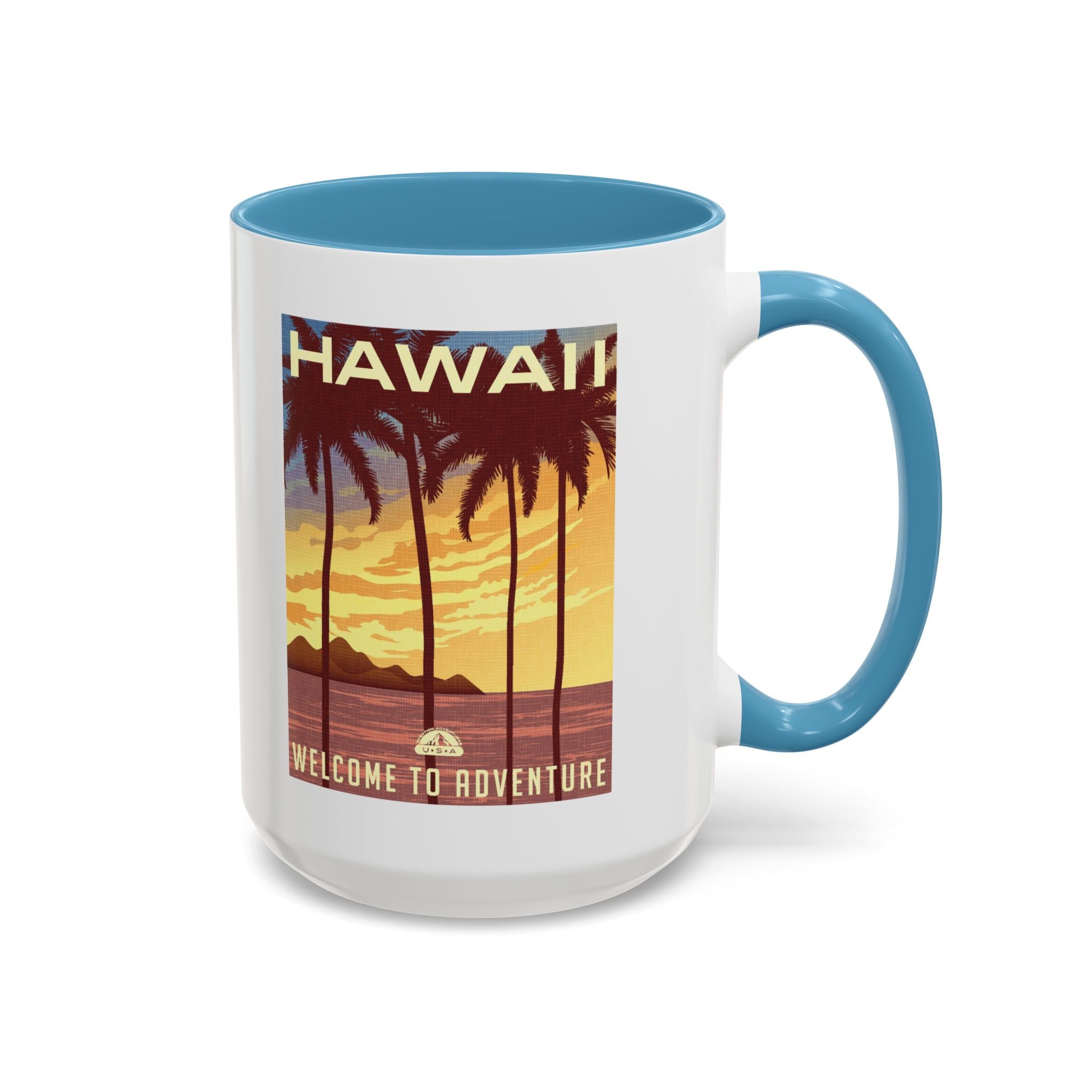 Hawaii Sunset Coffee Mug — "Welcome to Adventure" Tropical Travel Accent Mug
