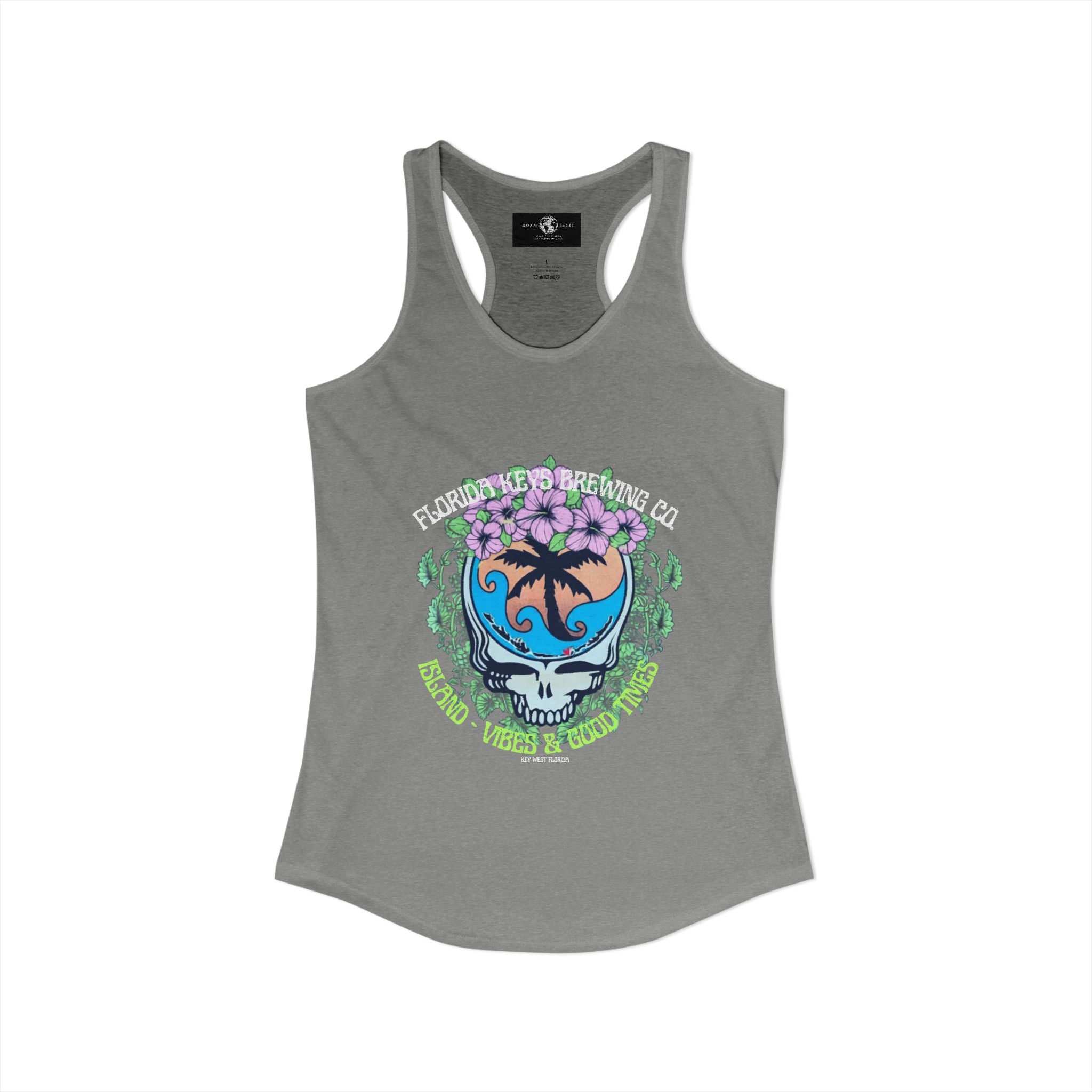 Island Vibes & Good Times Racerback Tank — Tropical Skull Graphic