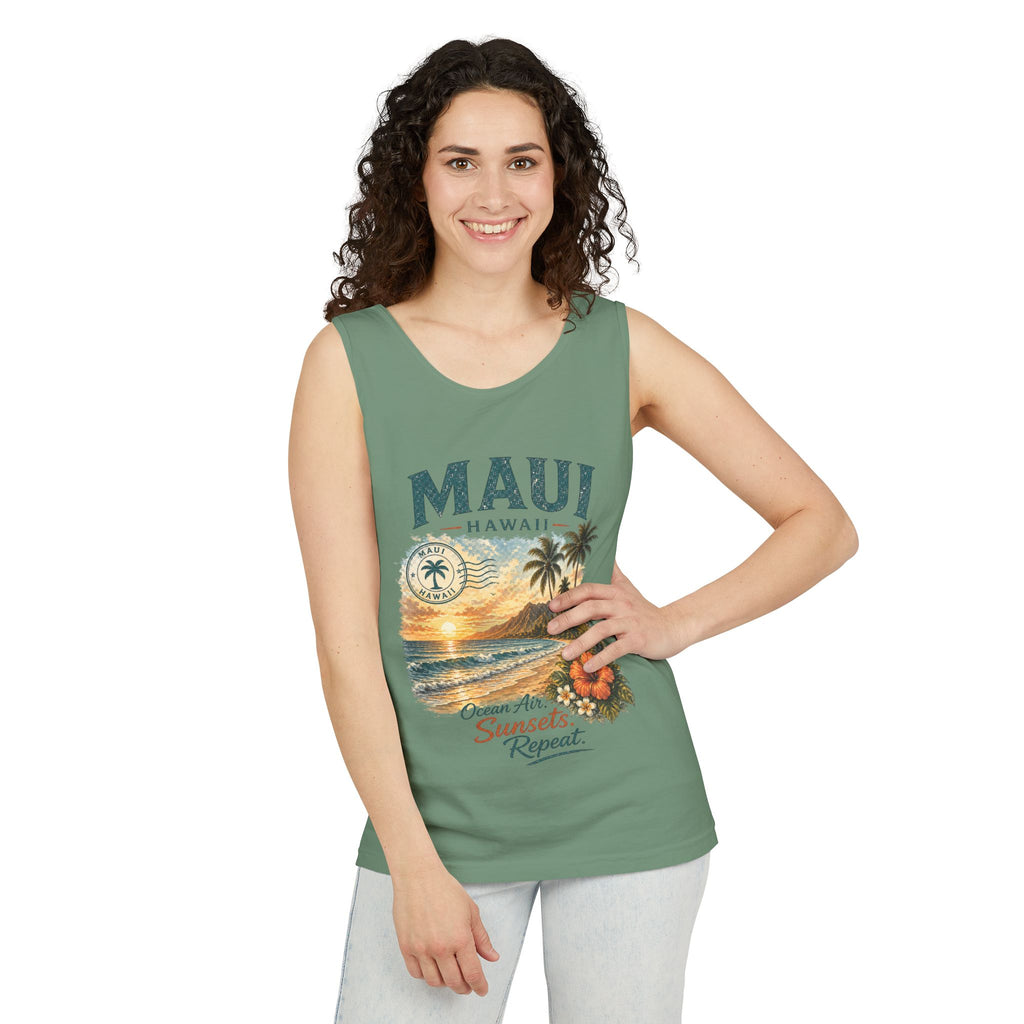 Maui Hawaii Tank Top — Ocean Air Sunsets Repeat Beach Graphic