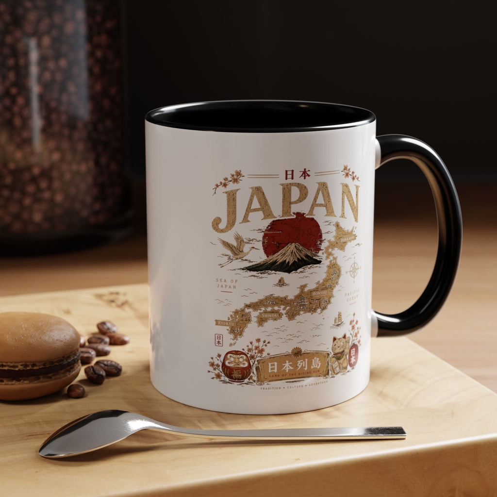 Japan Travel Map Coffee Mug — Mount Fuji Red Sun Accent Mug (11/15 oz)