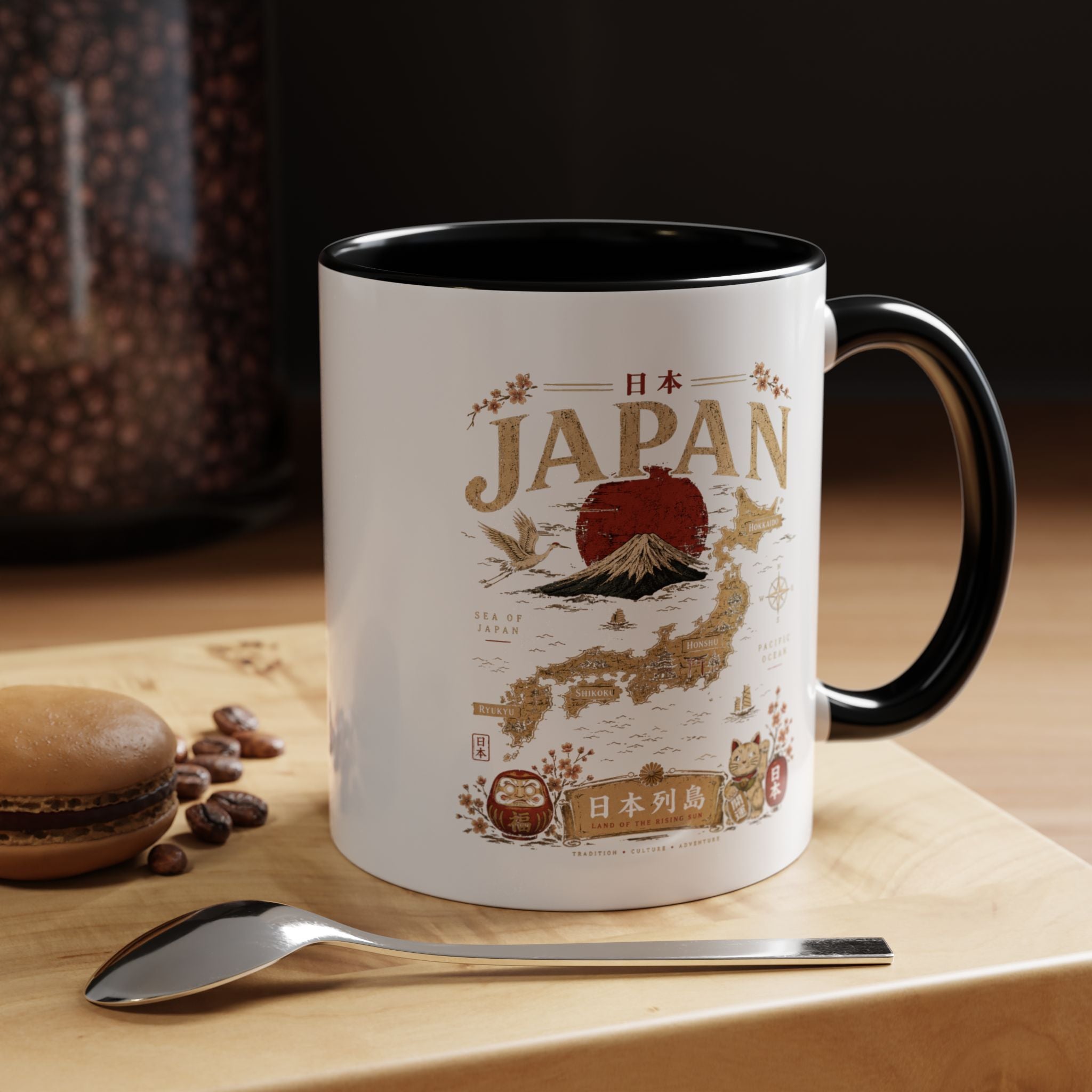 Japan Travel Map Coffee Mug — Mount Fuji Red Sun Accent Mug (11/15 oz)