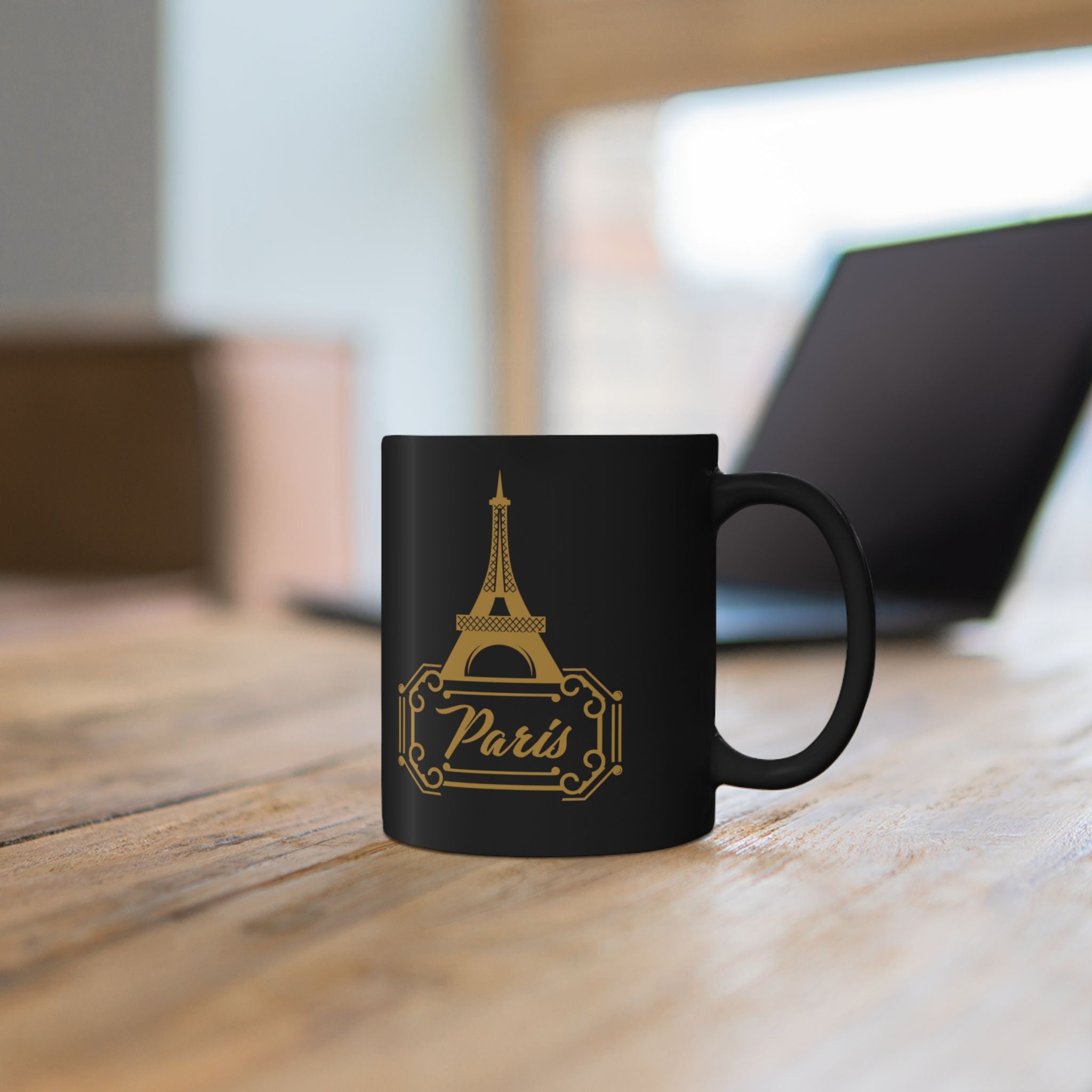 Paris Eiffel Tower Black Coffee Mug — Gold Retro Travel Logo (11oz, 15oz)