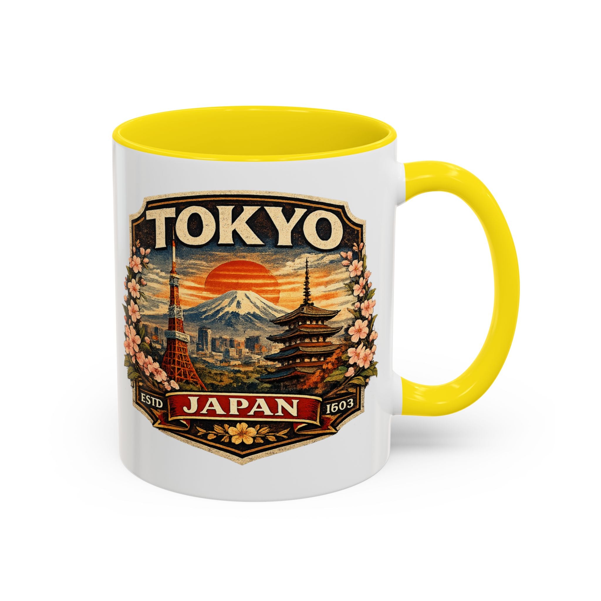 Tokyo Japan Accent Coffee Mug – Vintage Mount Fuji & Sakura Travel Souvenir (11/15oz)