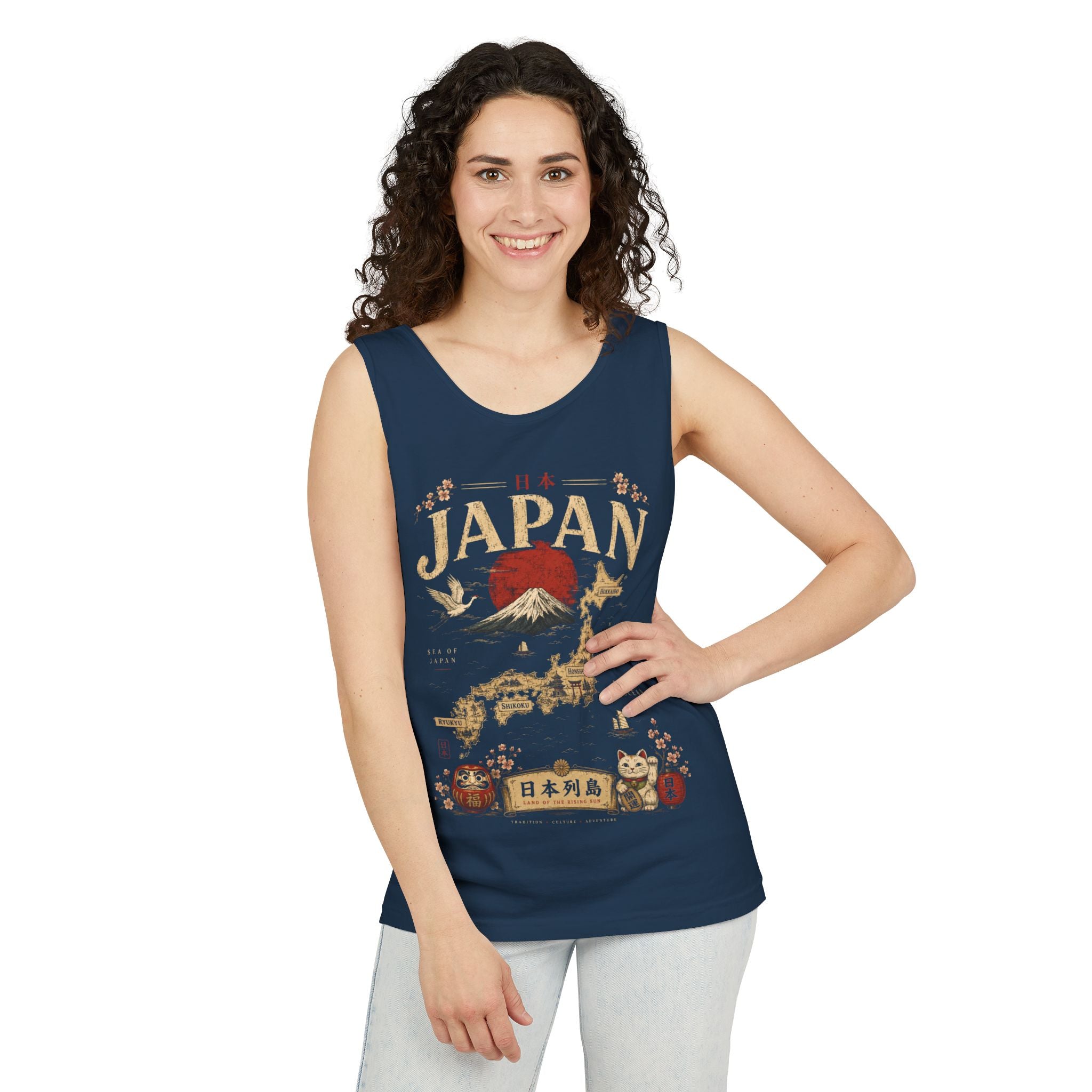 Japan Vintage Travel Tank Top — Mount Fuji & Lucky Cat Graphic