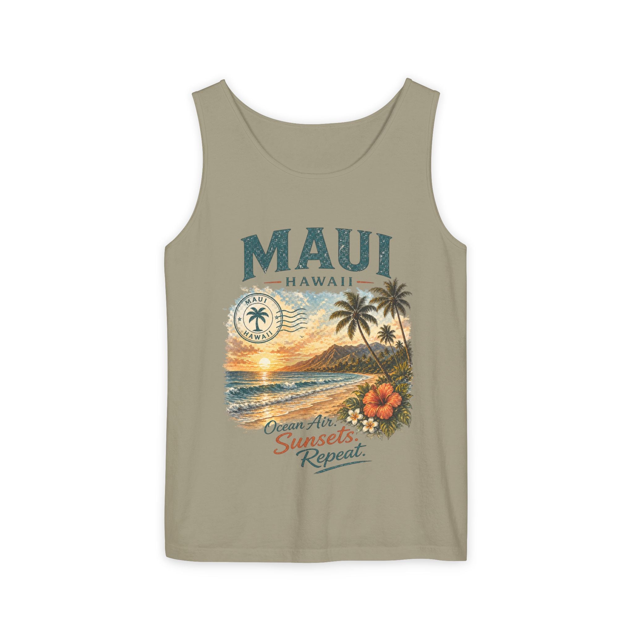 Maui Hawaii Tank Top — Ocean Air Sunsets Repeat Beach Graphic