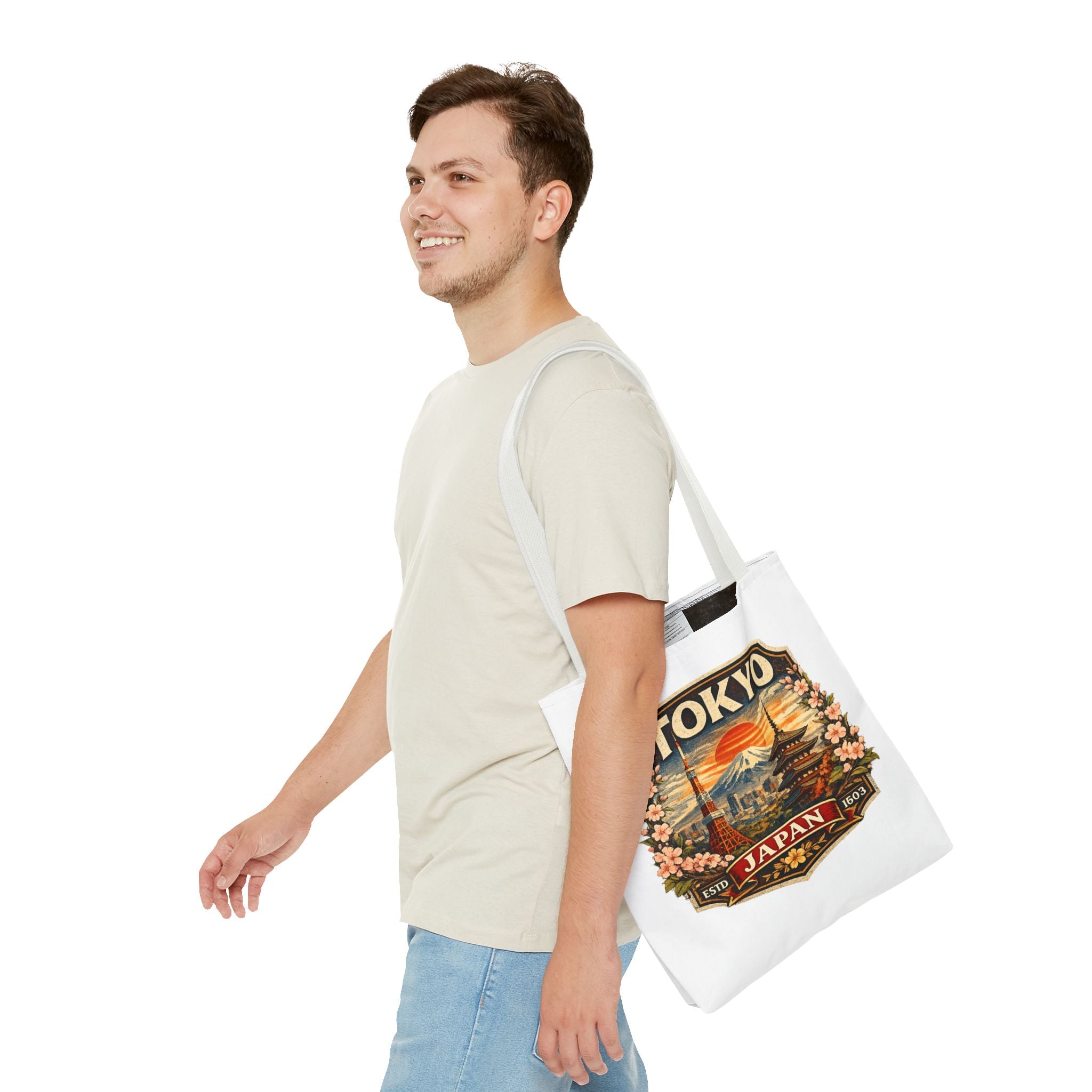Tokyo Japan Scenic Tote Bag – Vintage Mount Fuji & Cherry Blossom Travel Tote