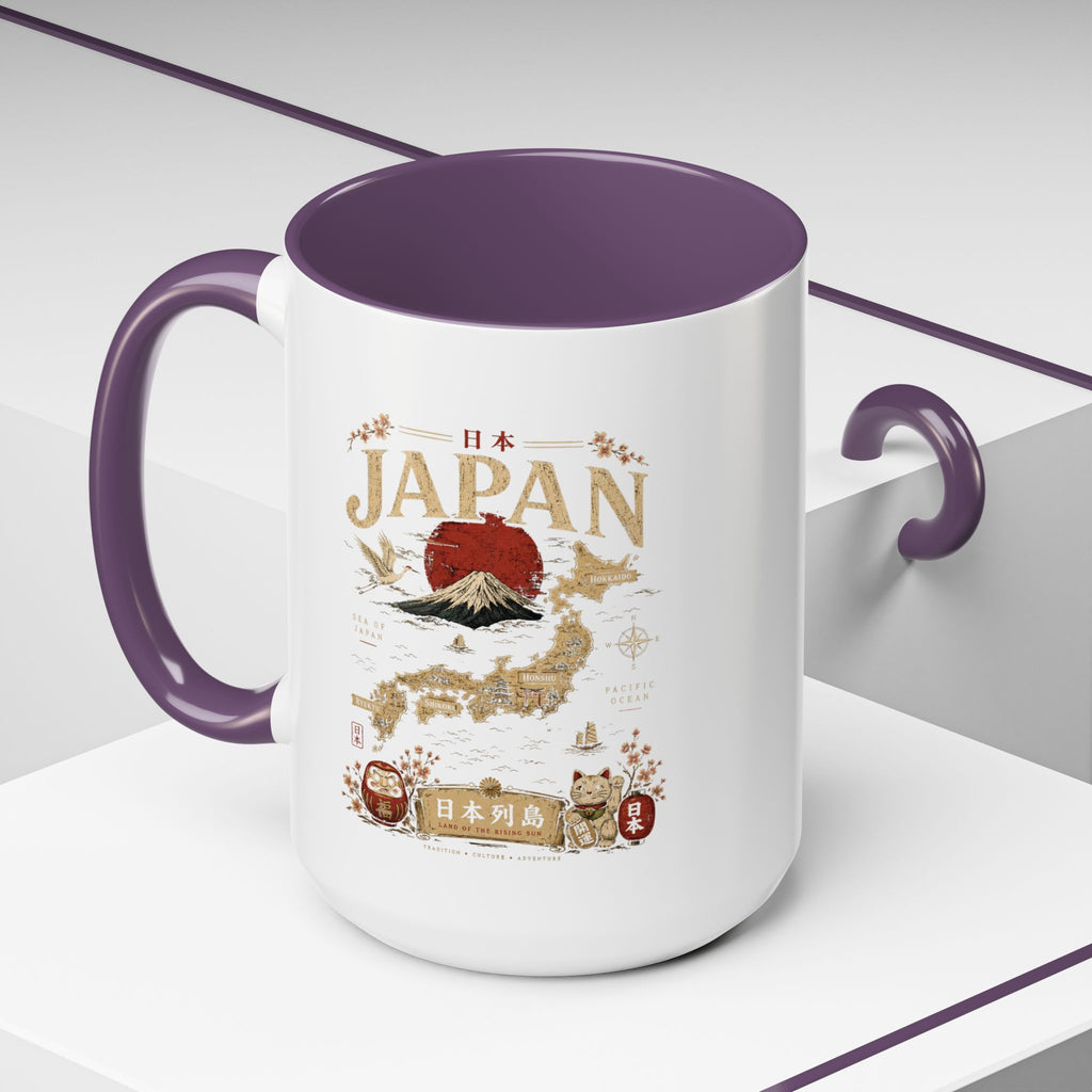 Japan Travel Map Coffee Mug — Mount Fuji Red Sun Accent Mug (11/15 oz)