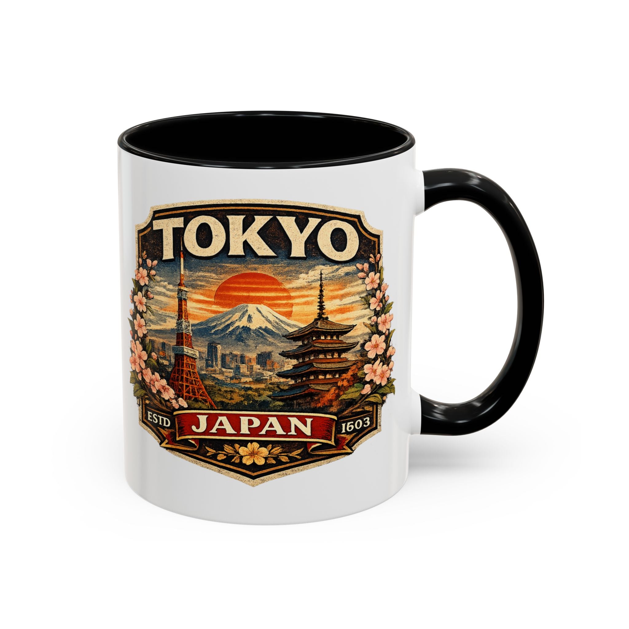 Tokyo Japan Accent Coffee Mug – Vintage Mount Fuji & Sakura Travel Souvenir (11/15oz)