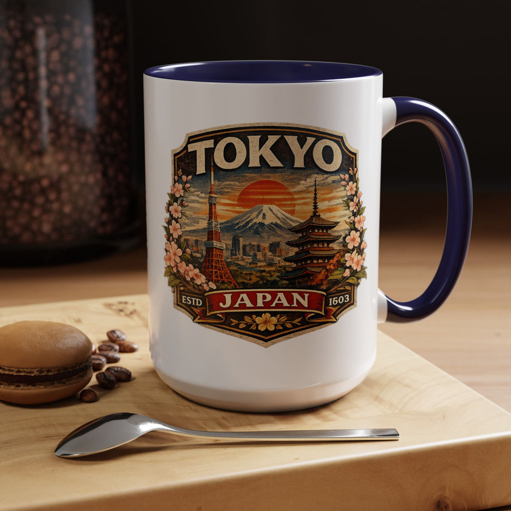 Tokyo Japan Accent Coffee Mug – Vintage Mount Fuji & Sakura Travel Souvenir (11/15oz)