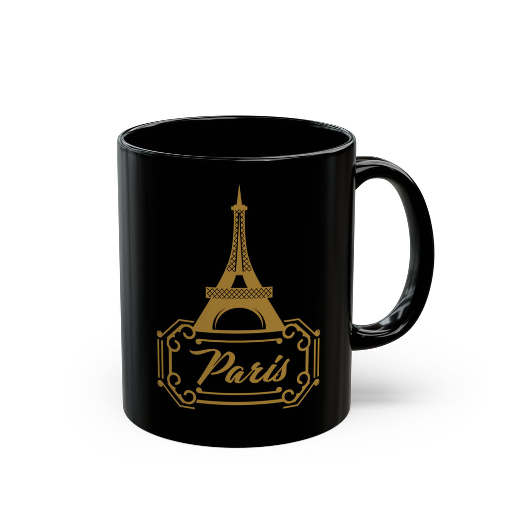 Paris Eiffel Tower Black Coffee Mug — Gold Retro Travel Logo (11oz, 15oz)