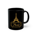 Paris Eiffel Tower Black Coffee Mug — Gold Retro Travel Logo (11oz, 15oz)