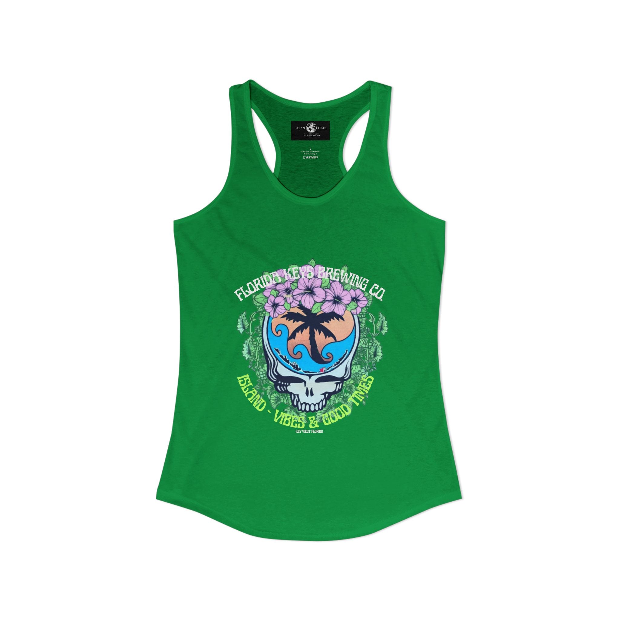 Island Vibes & Good Times Racerback Tank — Tropical Skull Graphic