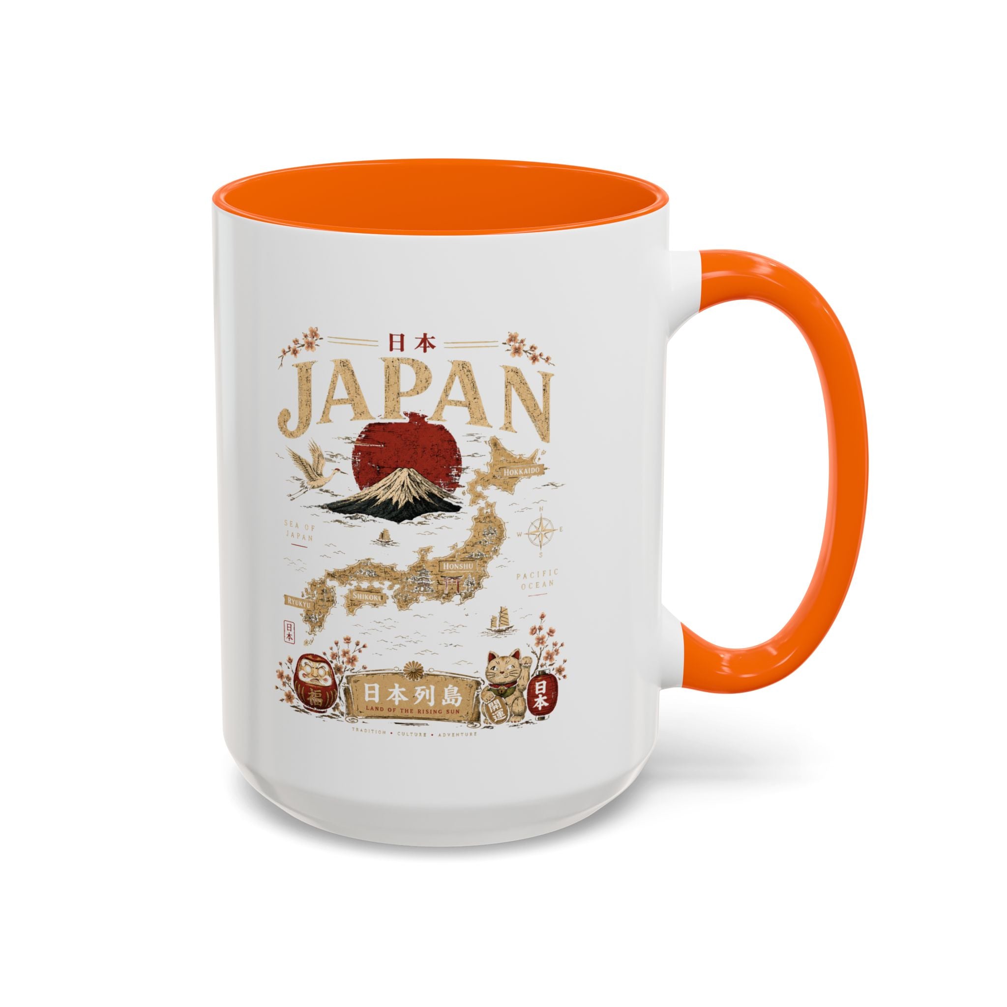Japan Travel Map Coffee Mug — Mount Fuji Red Sun Accent Mug (11/15 oz)