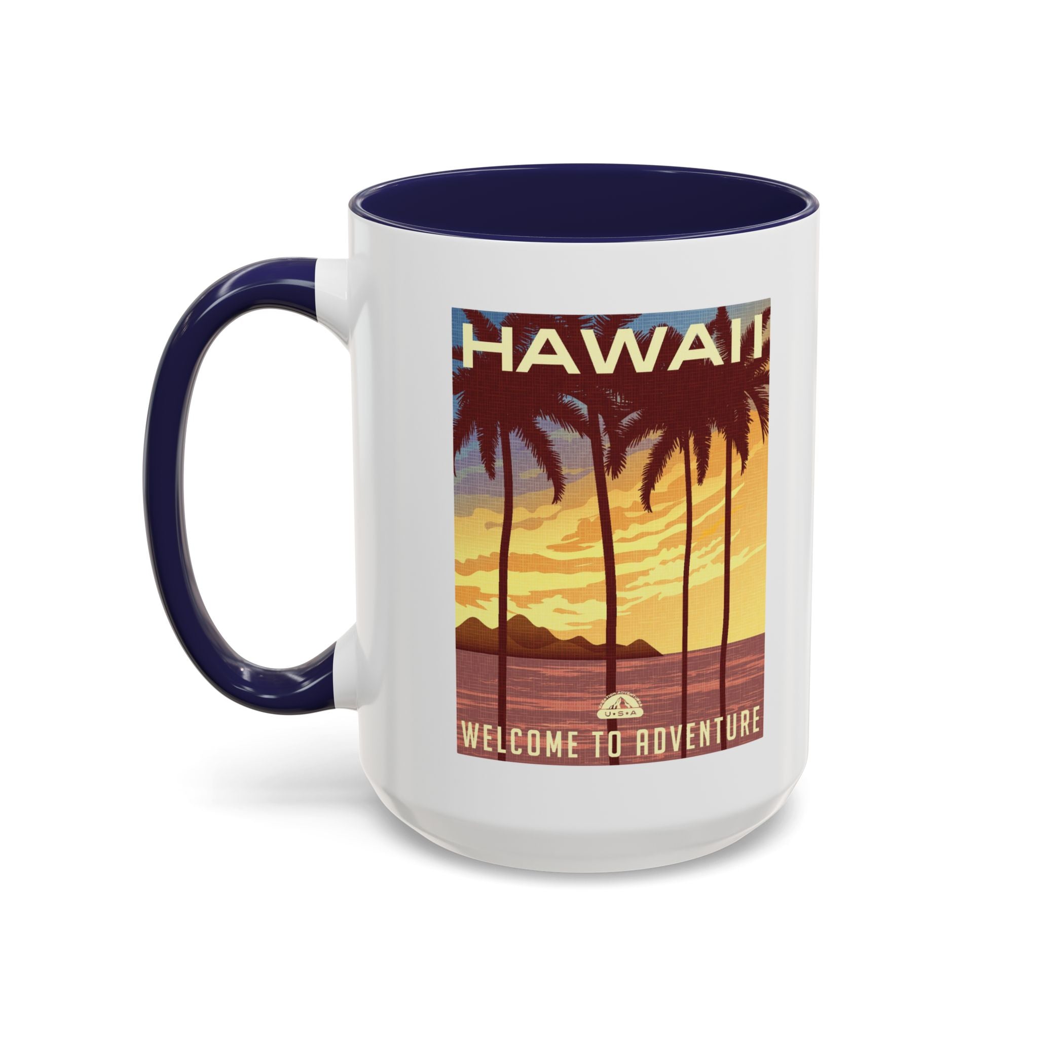 Hawaii Sunset Coffee Mug — "Welcome to Adventure" Tropical Travel Accent Mug