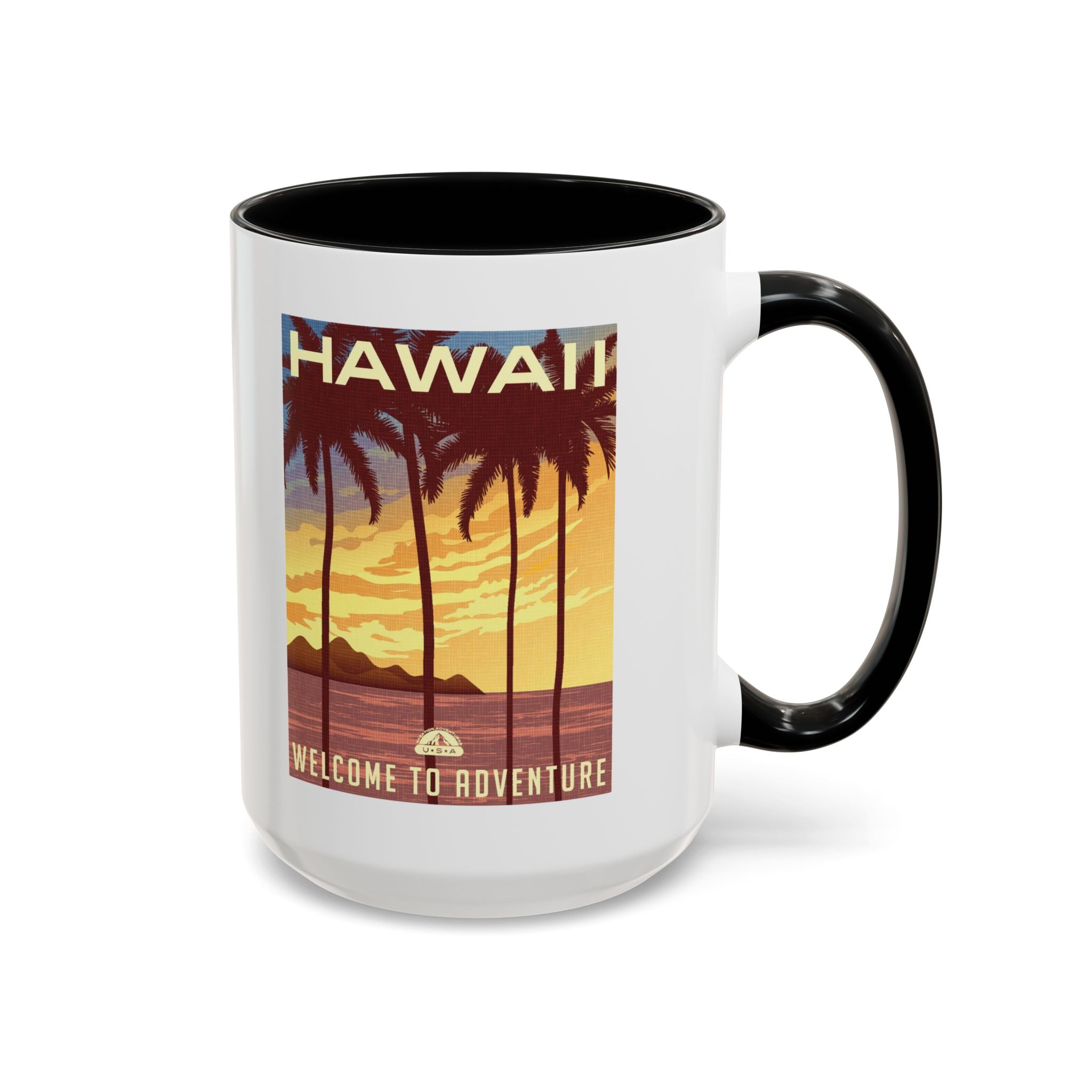 Hawaii Sunset Coffee Mug — "Welcome to Adventure" Tropical Travel Accent Mug