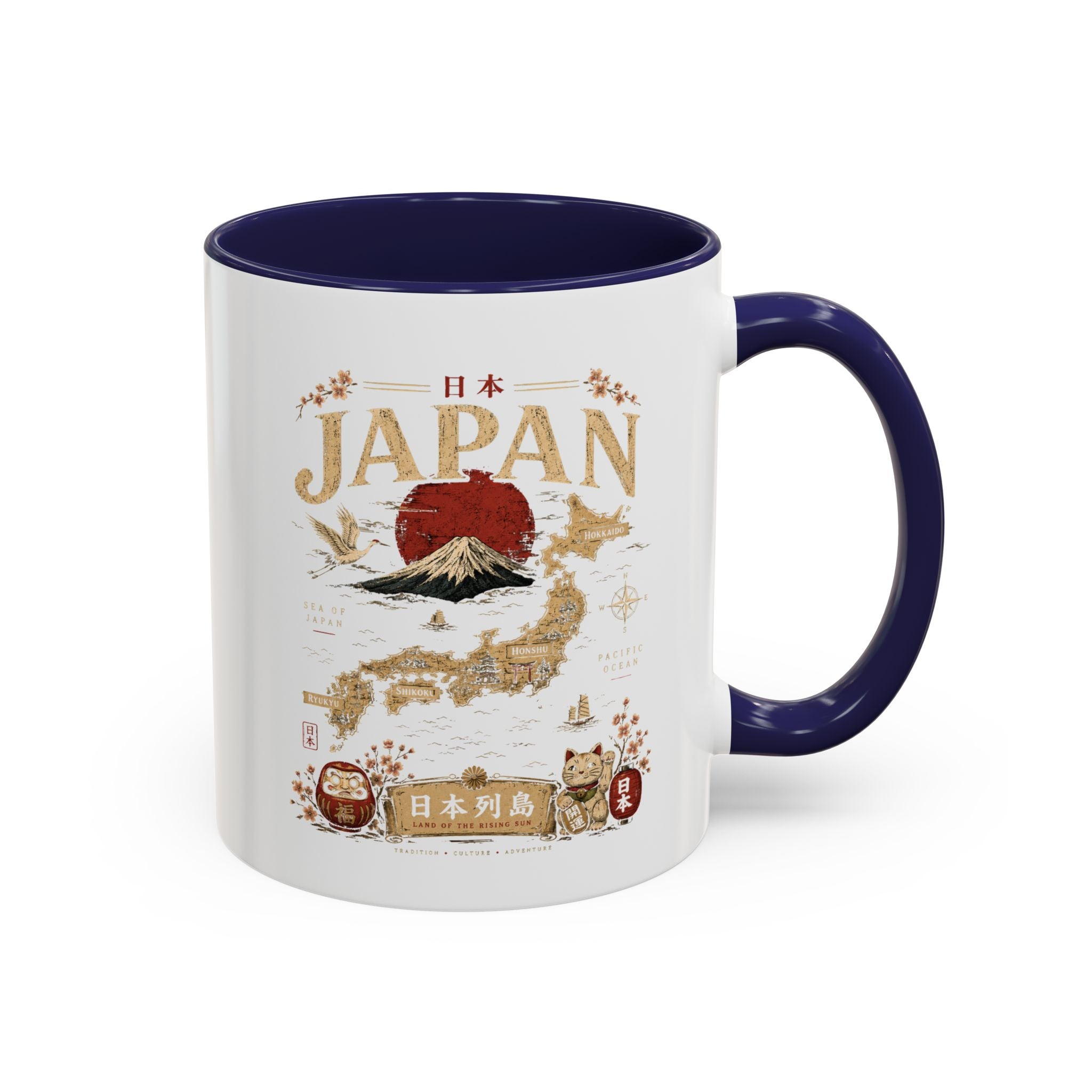 Japan Travel Map Coffee Mug — Mount Fuji Red Sun Accent Mug (11/15 oz)