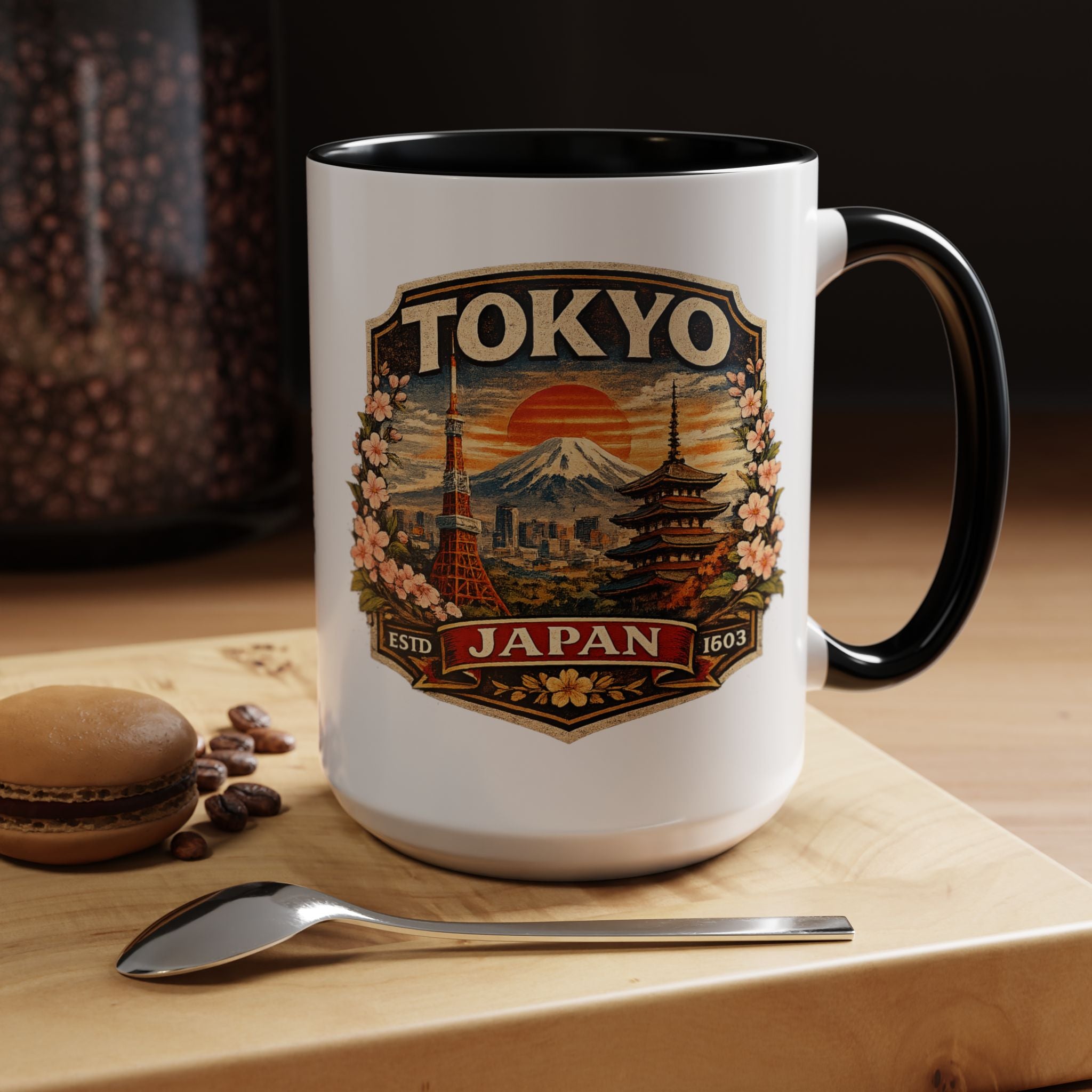 Tokyo Japan Accent Coffee Mug – Vintage Mount Fuji & Sakura Travel Souvenir (11/15oz)