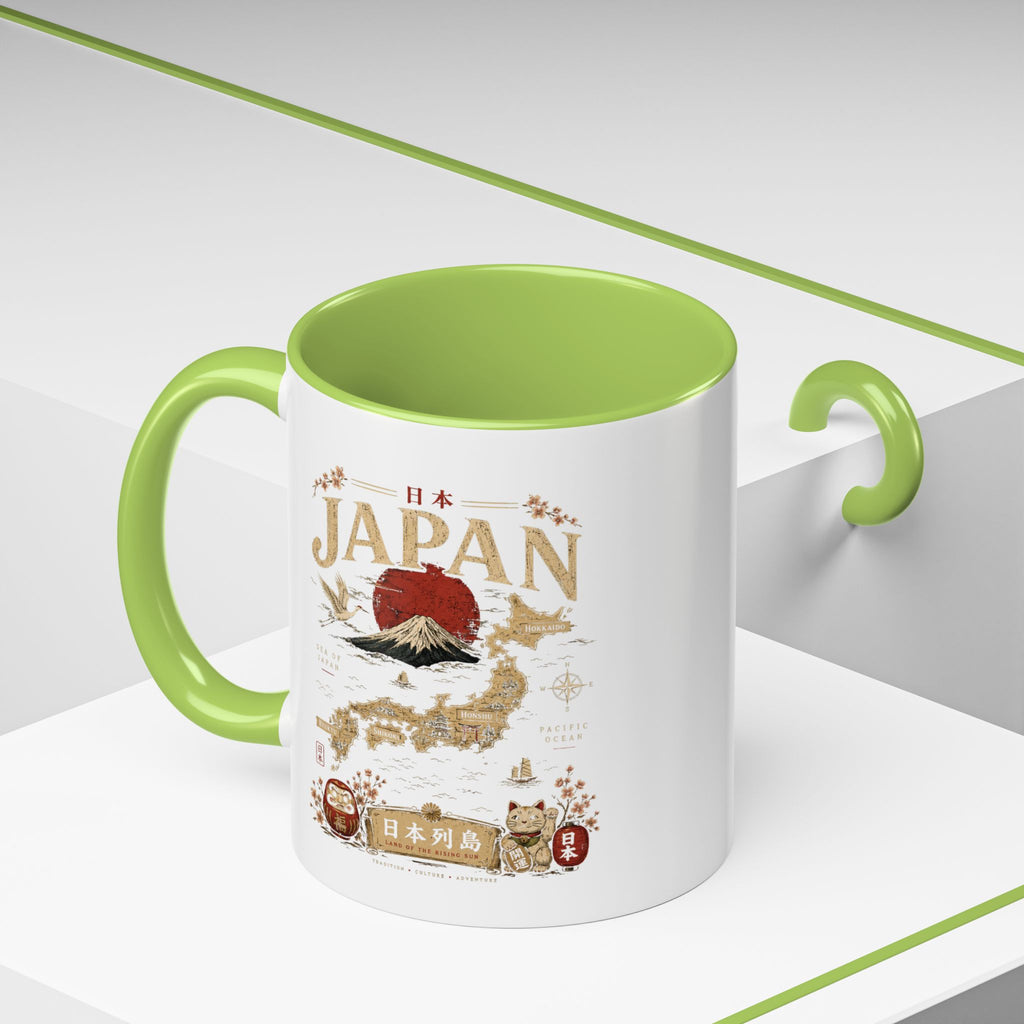 Japan Travel Map Coffee Mug — Mount Fuji Red Sun Accent Mug (11/15 oz)