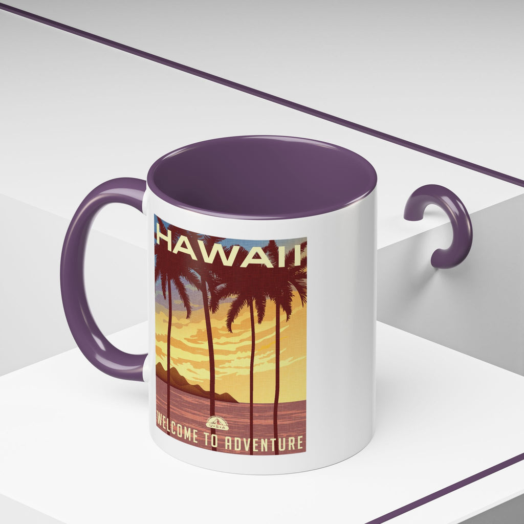 Hawaii Sunset Coffee Mug — "Welcome to Adventure" Tropical Travel Accent Mug