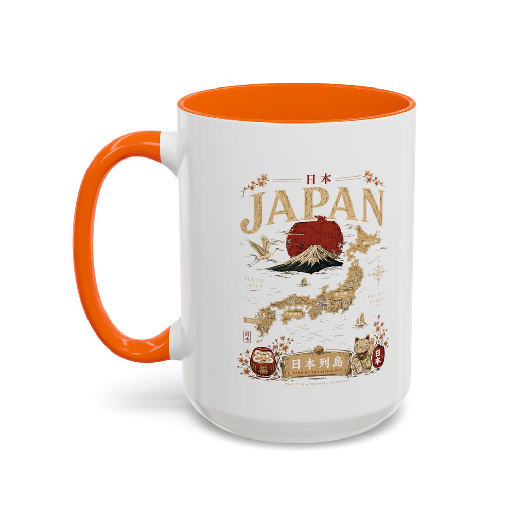 Japan Travel Map Coffee Mug — Mount Fuji Red Sun Accent Mug (11/15 oz)