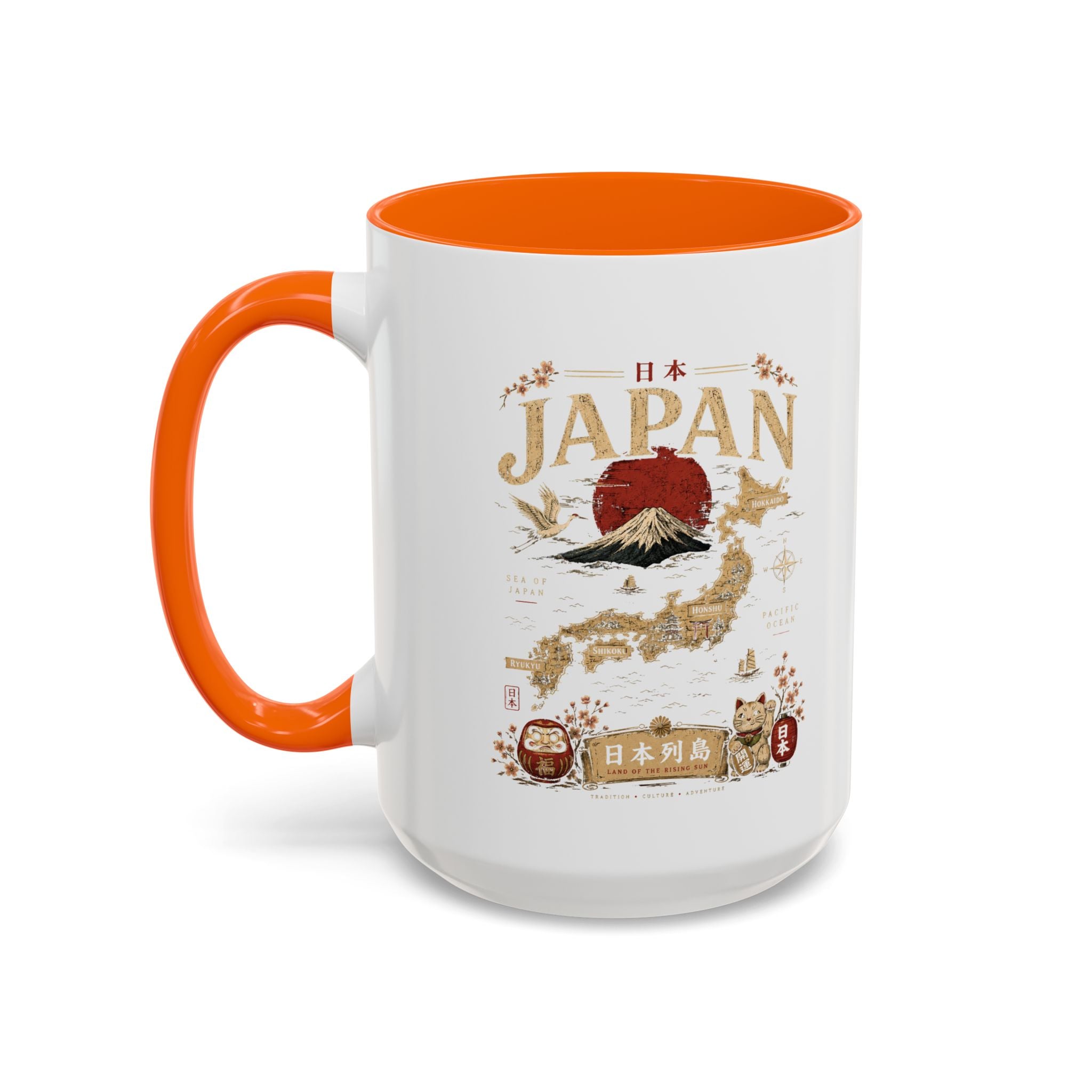 Japan Travel Map Coffee Mug — Mount Fuji Red Sun Accent Mug (11/15 oz)