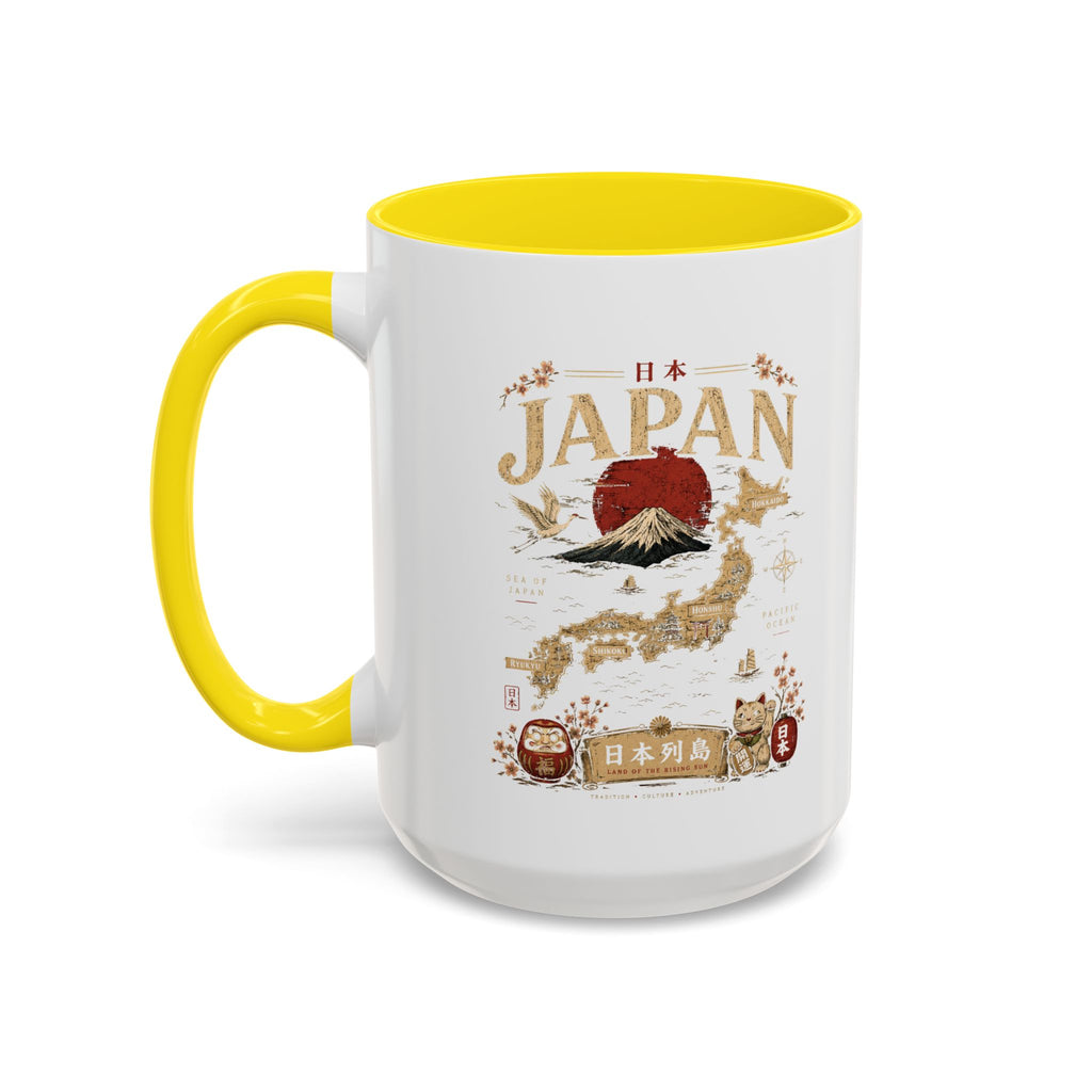 Japan Travel Map Coffee Mug — Mount Fuji Red Sun Accent Mug (11/15 oz)