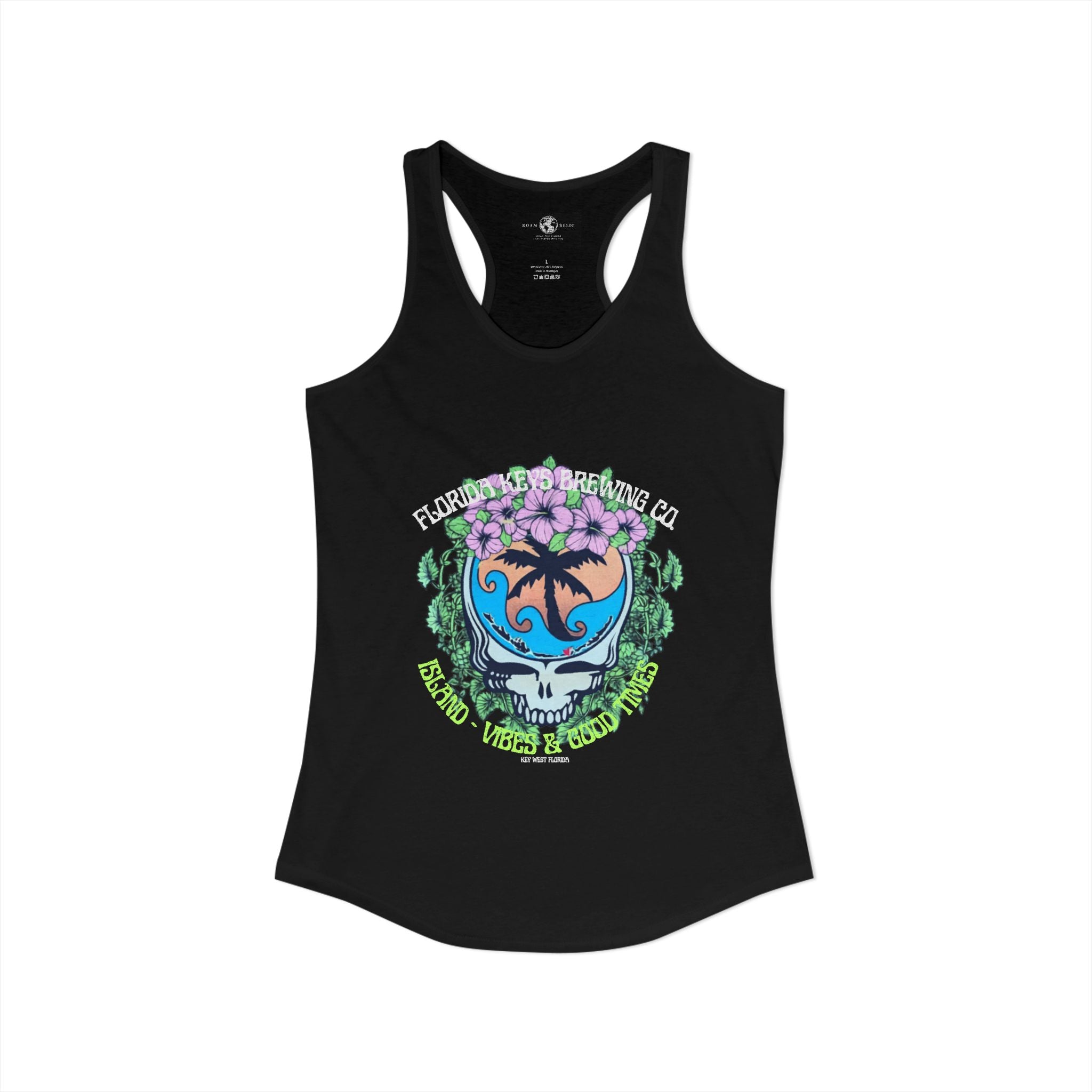 Island Vibes & Good Times Racerback Tank — Tropical Skull Graphic