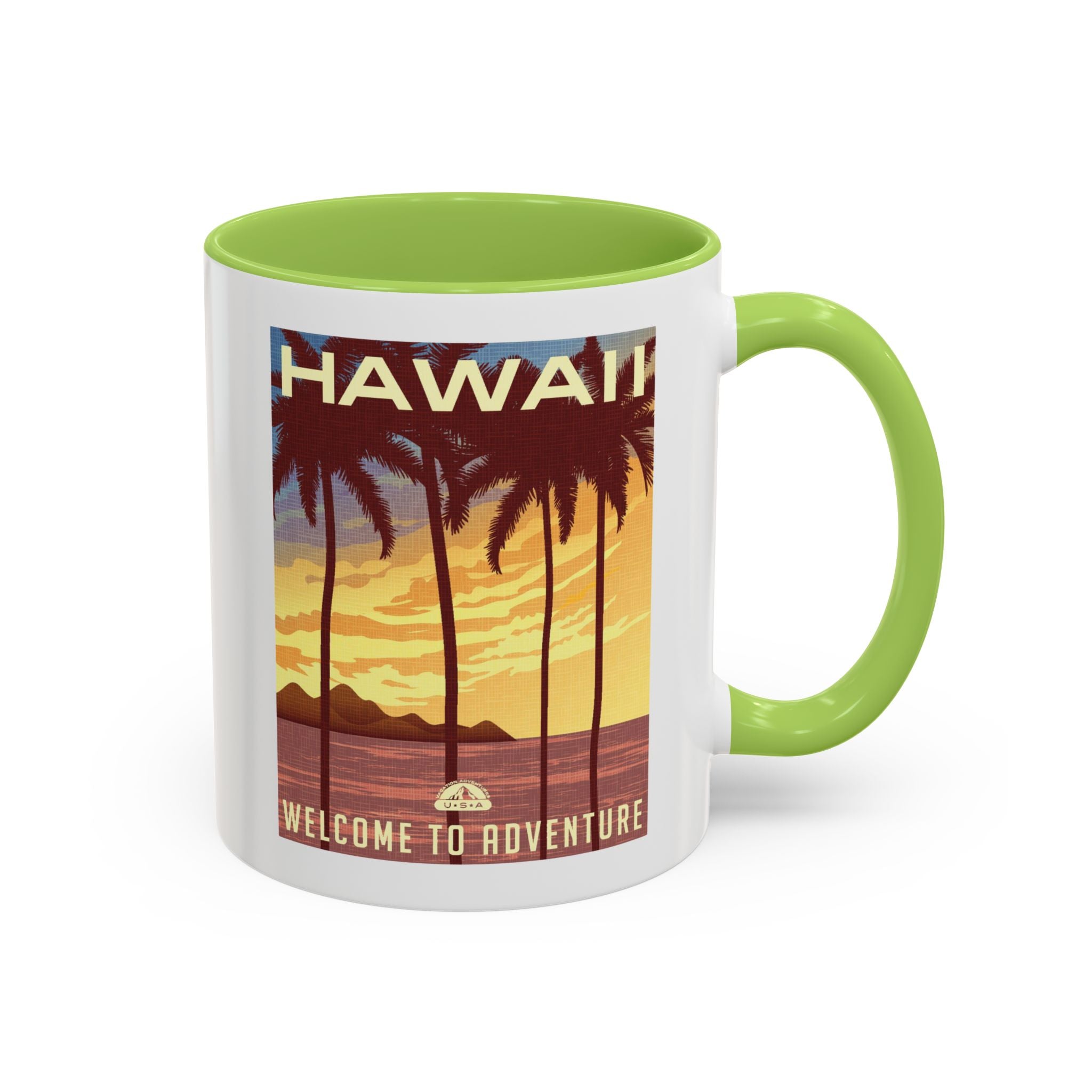 Hawaii Sunset Coffee Mug — "Welcome to Adventure" Tropical Travel Accent Mug