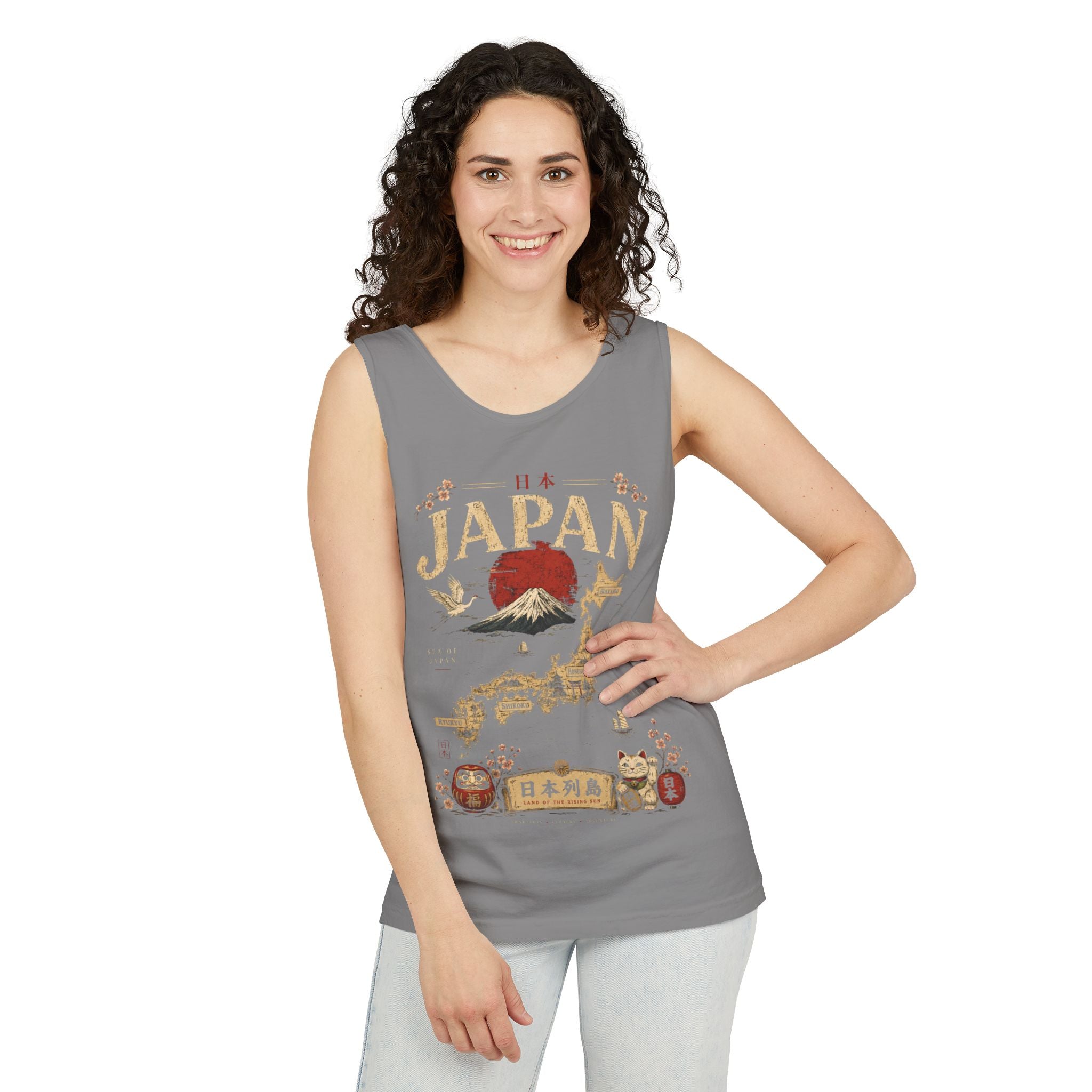 Japan Vintage Travel Tank Top — Mount Fuji & Lucky Cat Graphic