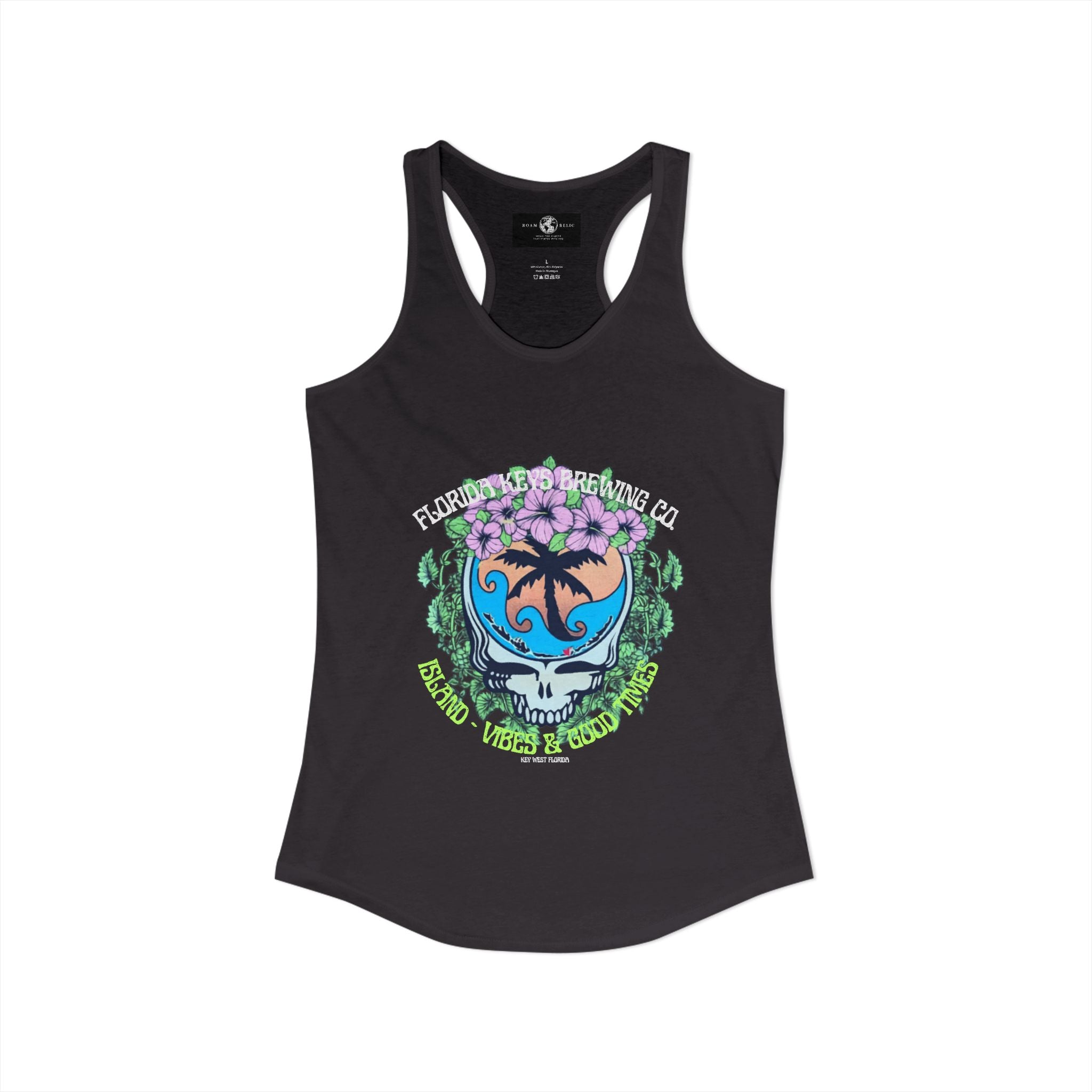 Island Vibes & Good Times Racerback Tank — Tropical Skull Graphic