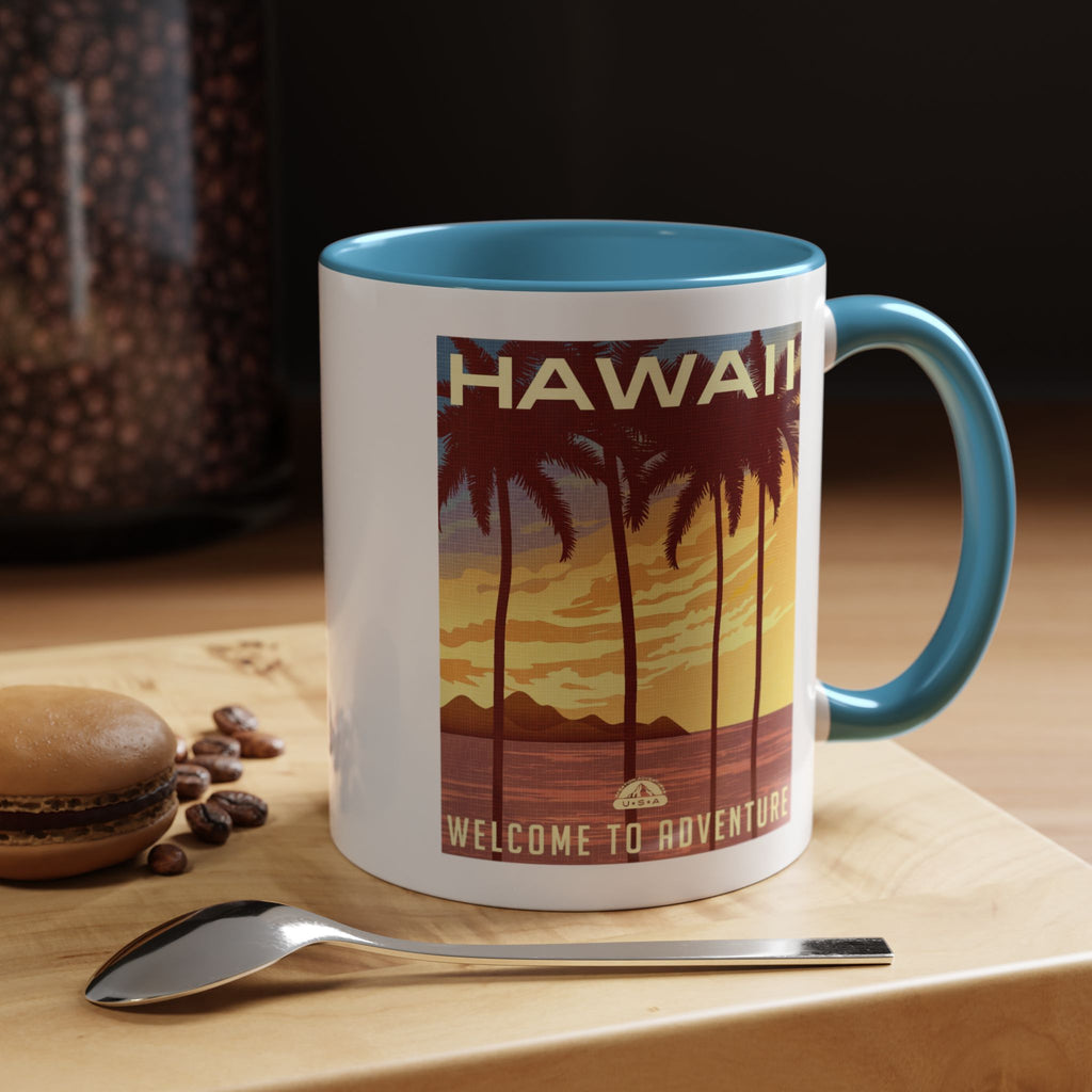 Hawaii Sunset Coffee Mug — "Welcome to Adventure" Tropical Travel Accent Mug