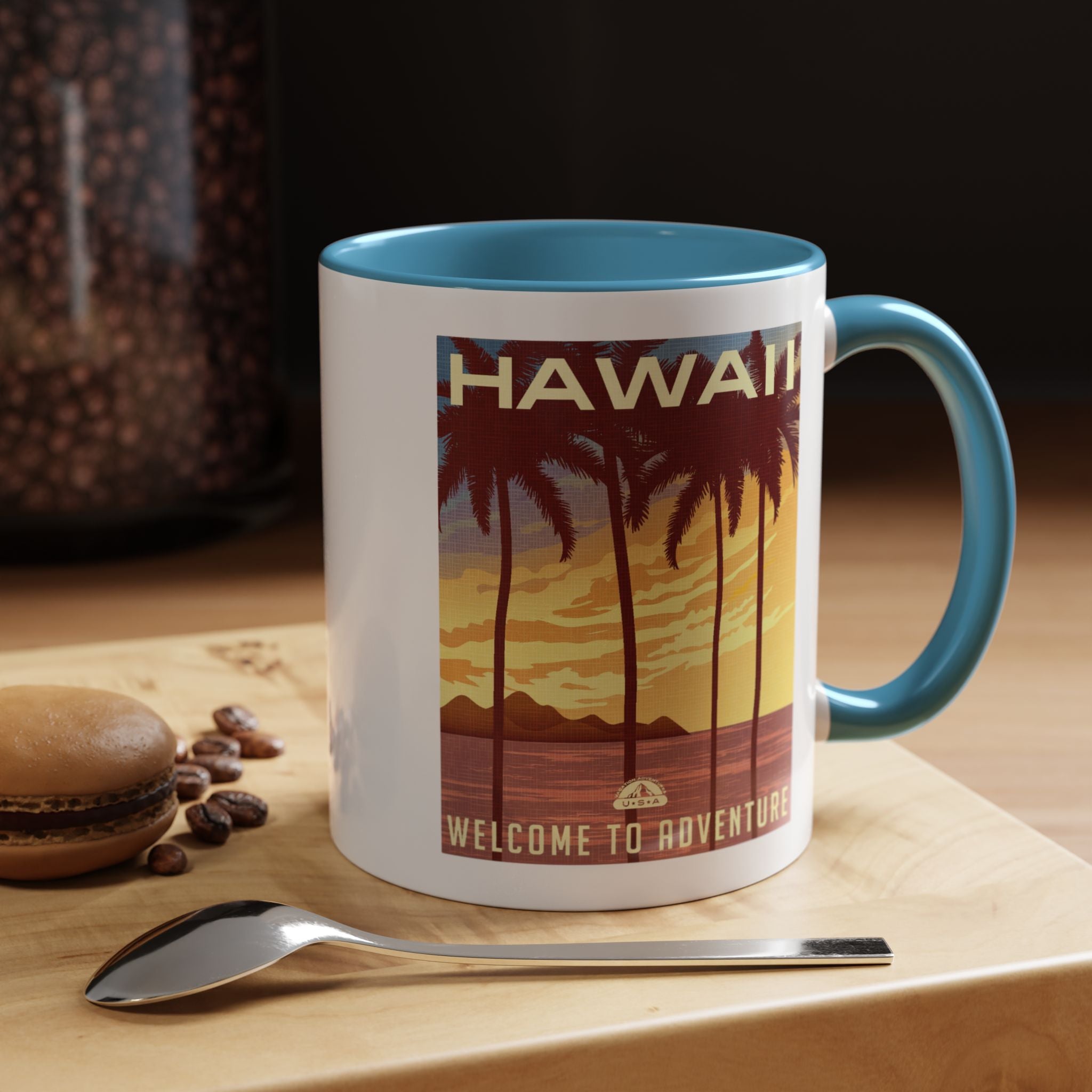 Hawaii Sunset Coffee Mug — "Welcome to Adventure" Tropical Travel Accent Mug