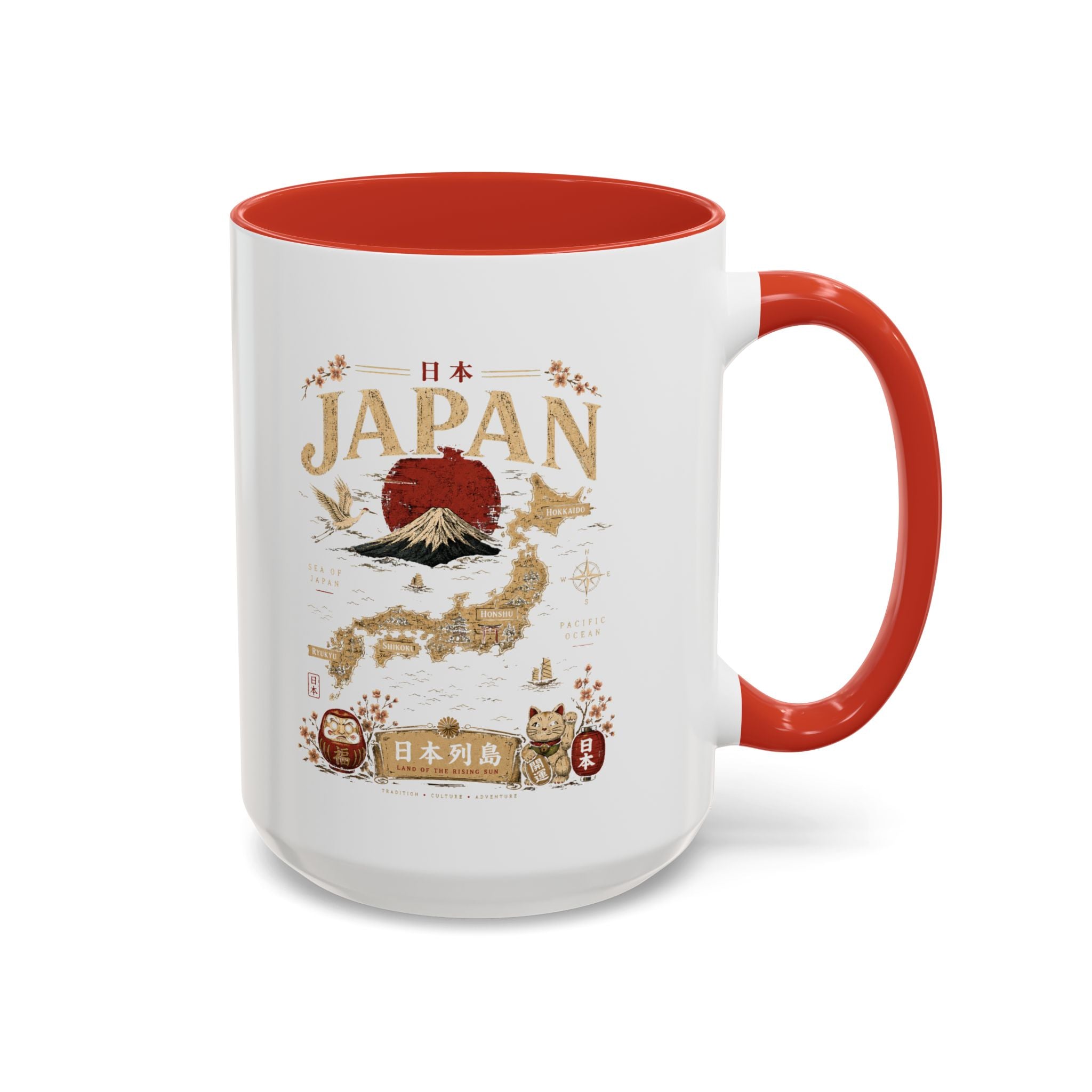 Japan Travel Map Coffee Mug — Mount Fuji Red Sun Accent Mug (11/15 oz)