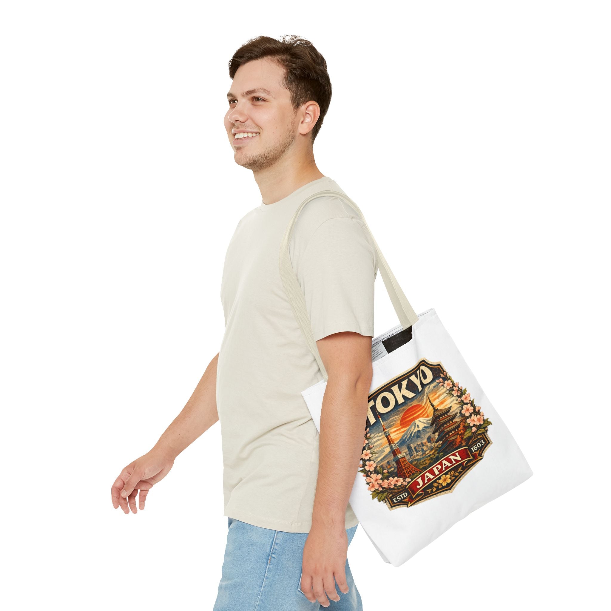 Tokyo Japan Scenic Tote Bag – Vintage Mount Fuji & Cherry Blossom Travel Tote