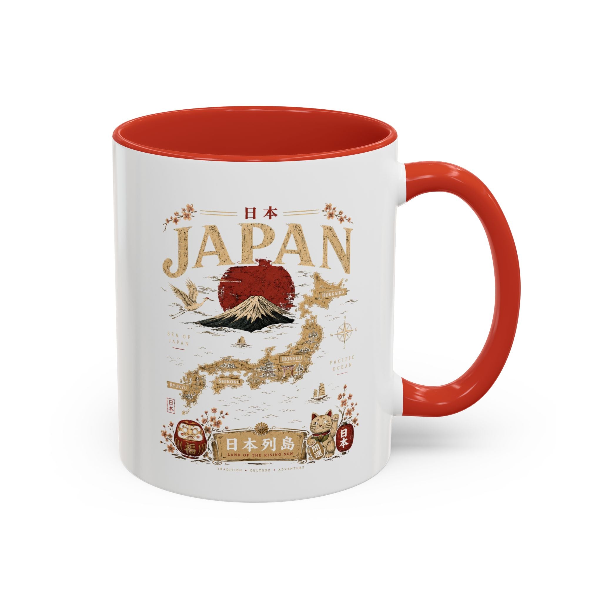 Japan Travel Map Coffee Mug — Mount Fuji Red Sun Accent Mug (11/15 oz)